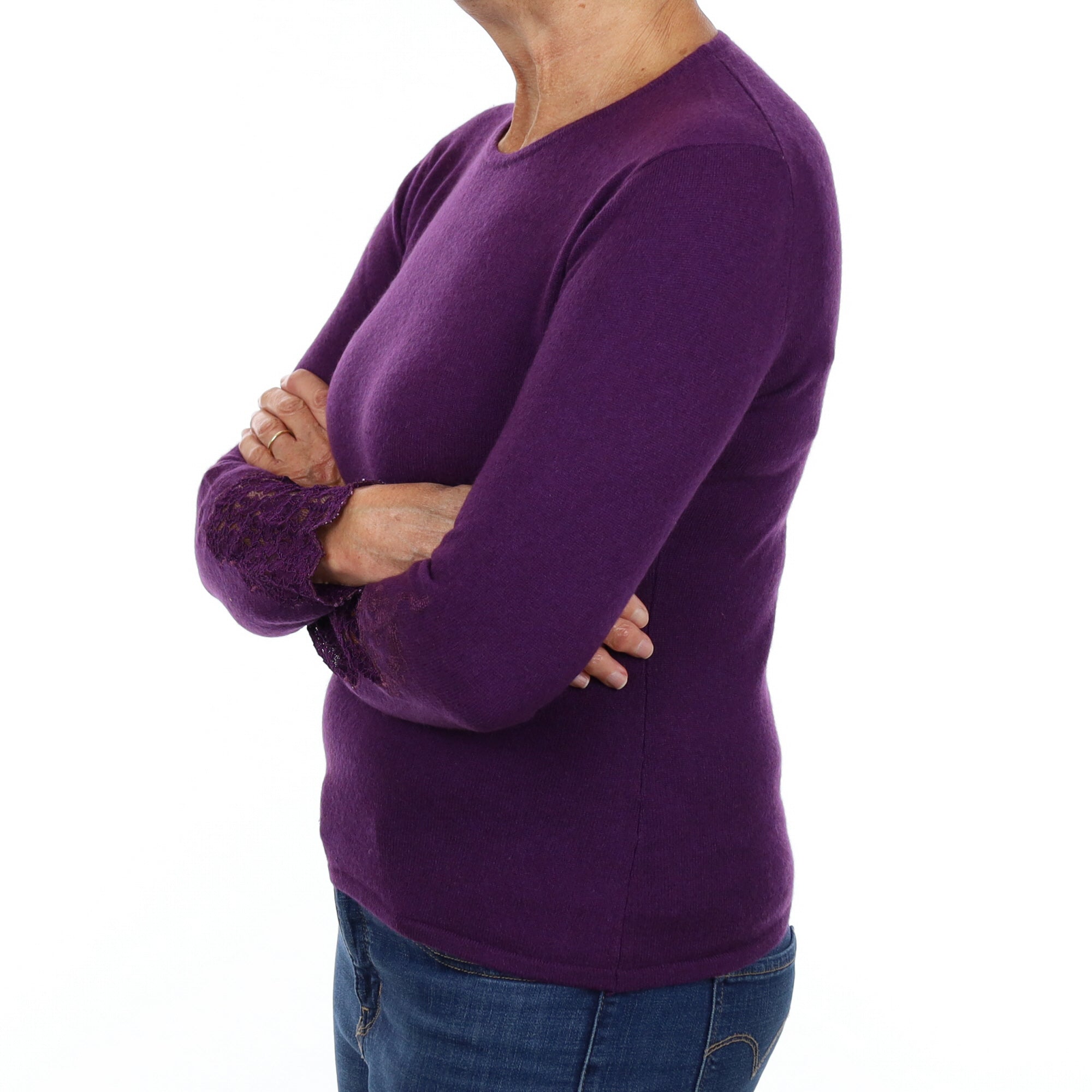 Iris Purple Cashmere Lace Sleeve Crew Neck Jumper Medium
