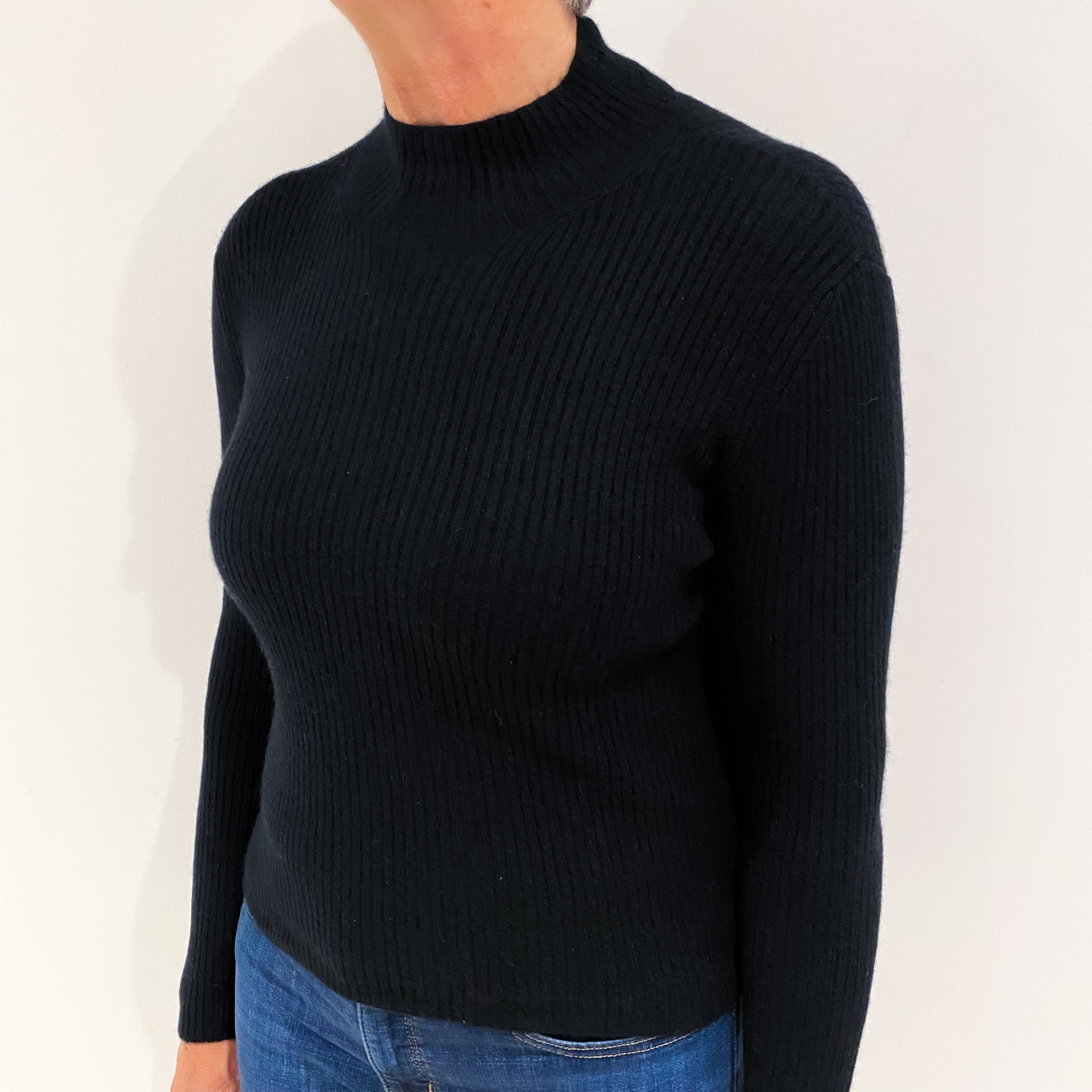 Black Skinny Rib Cashmere Funnel Neck Jumper Medium