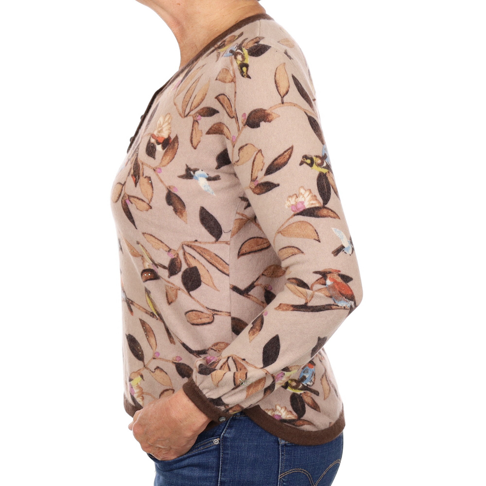 Brown Floral Bird Patterned Cashmere V Neck Jumper Medium