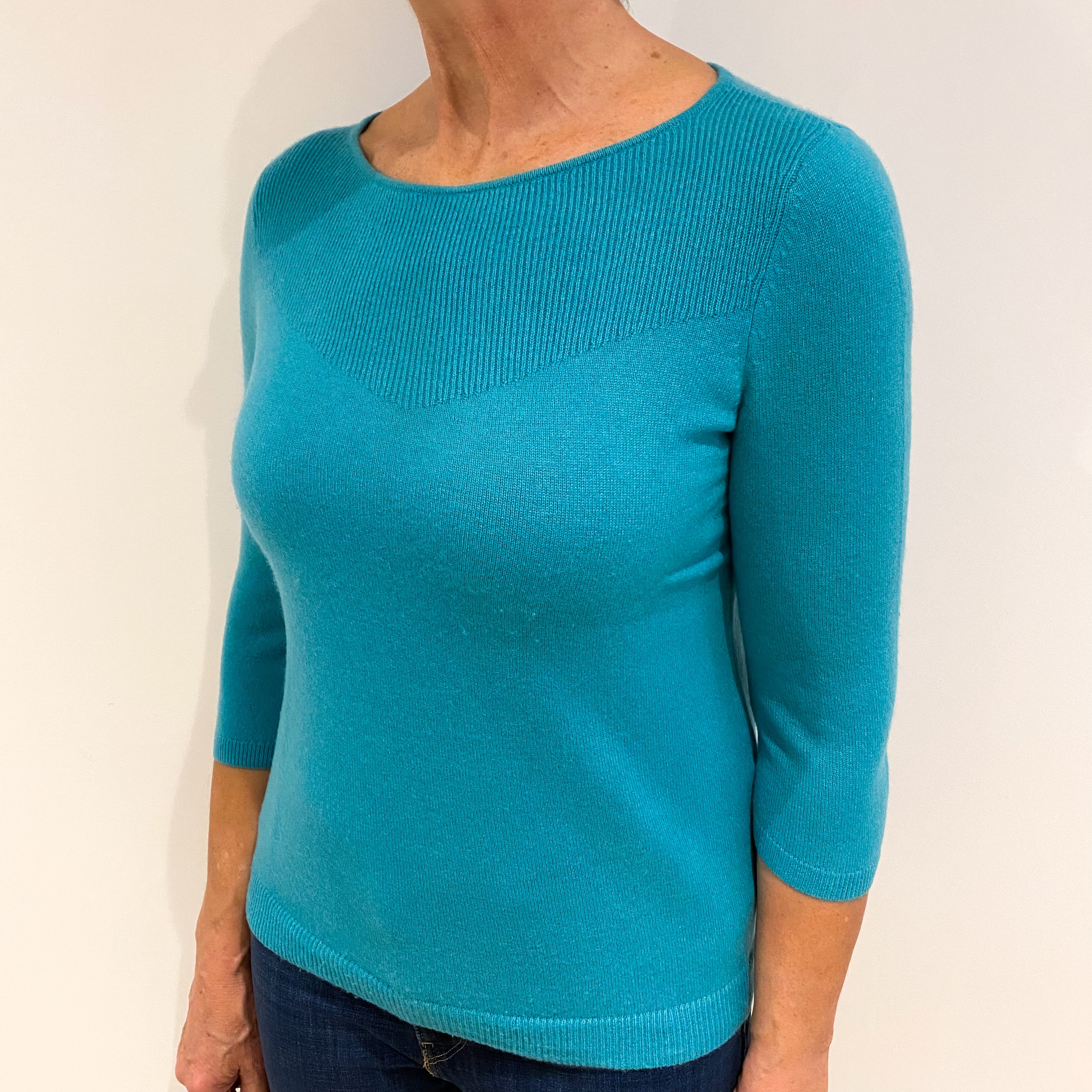 Turquoise 3/4 Sleeve Cashmere Crew Neck Jumper Medium Petite