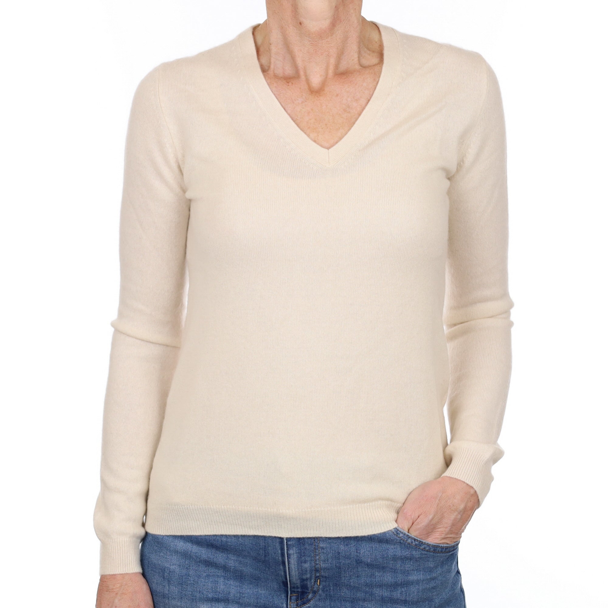 Vanilla Cream Cashmere V Neck Jumper Small