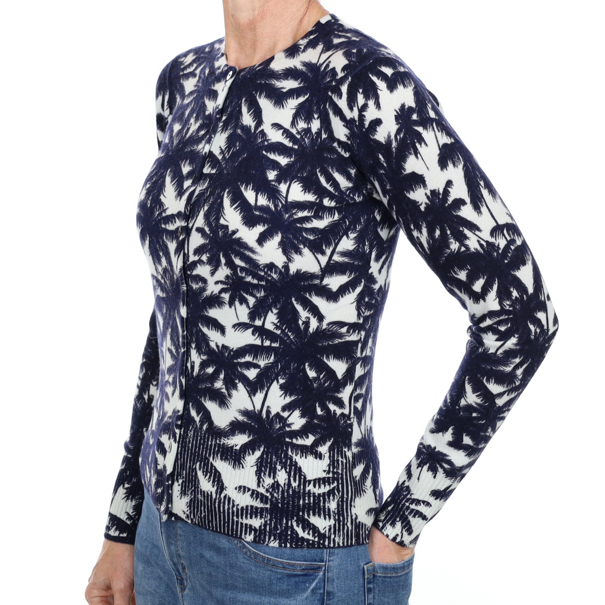 New Navy and Mint Palm Tree Patterned Cashmere Cardigan Small