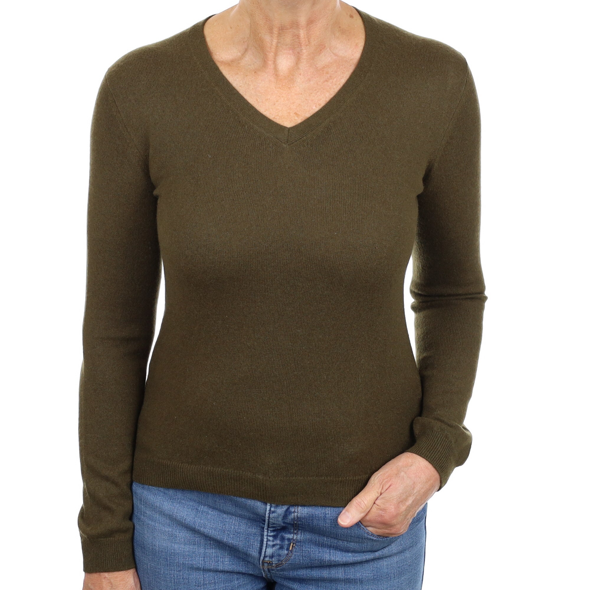 Khaki Green Cashmere V Neck Jumper Medium