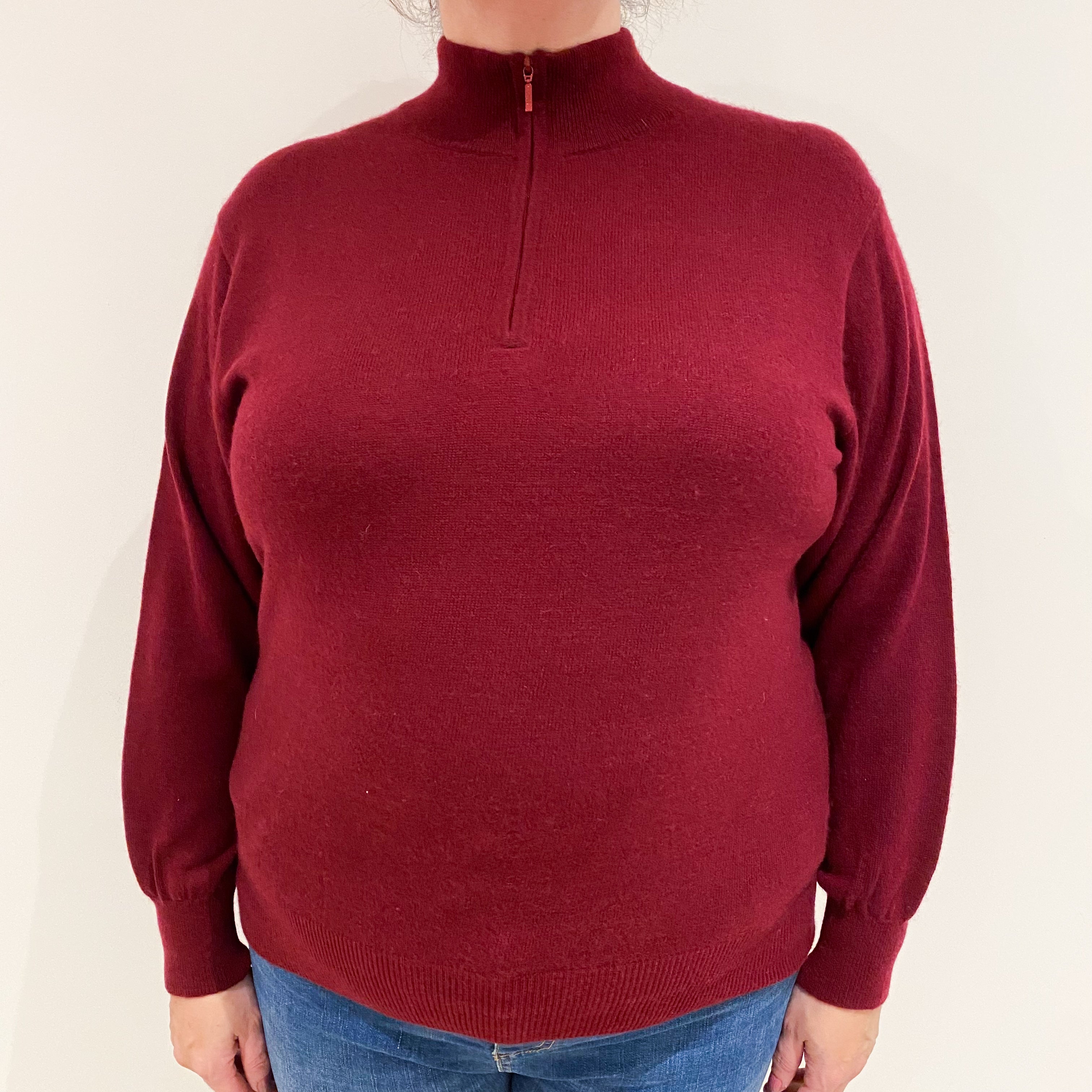 Burgundy Red Cashmere Quarter Zip Jumper Extra Large