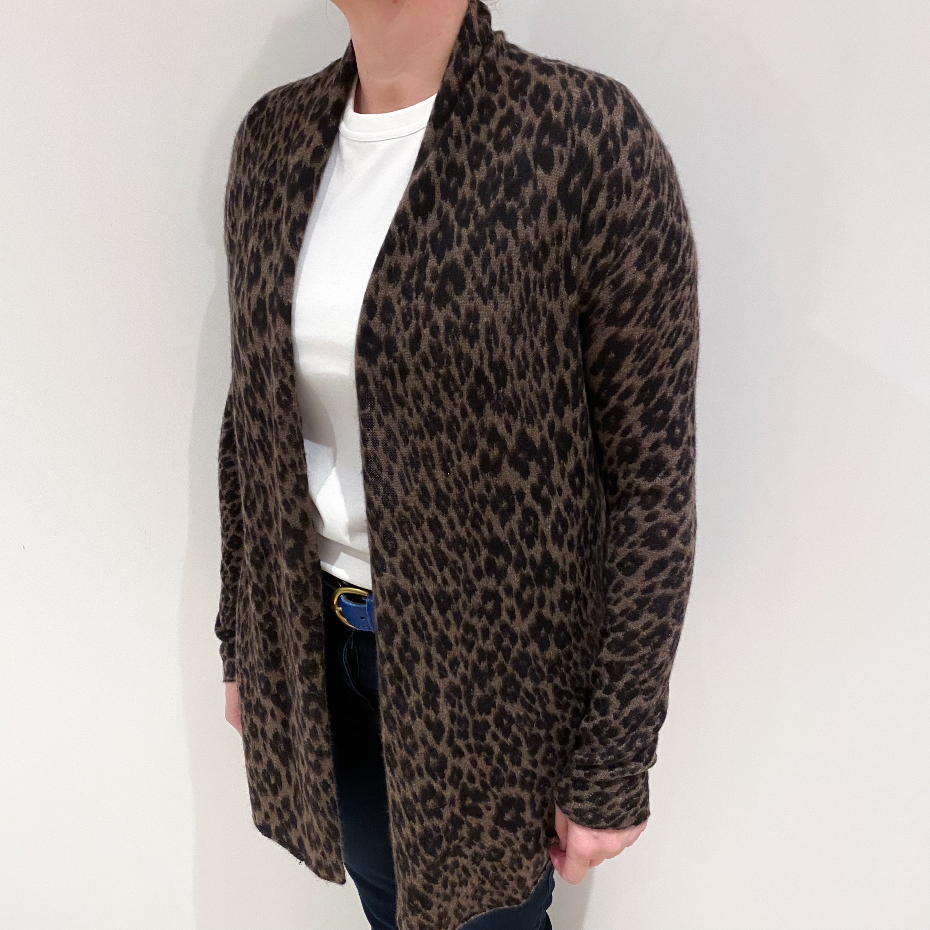Brown Leopard Print Cashmere Edge to Edge Cardigan Large