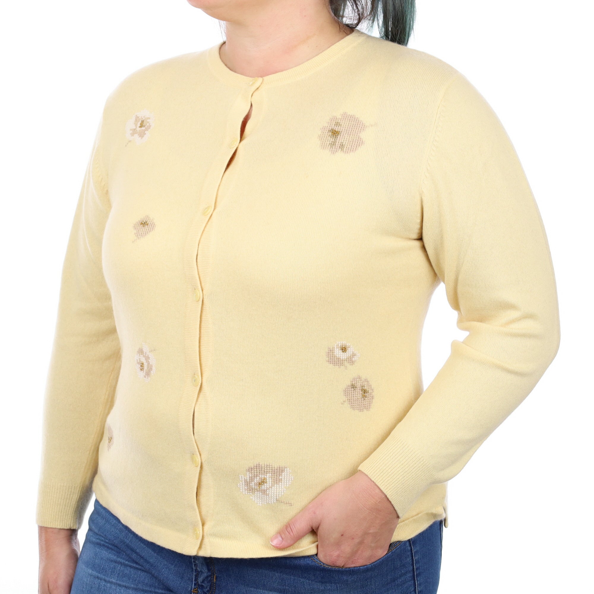 Custard Yellow Floral Cashmere Crew Neck Cardigan Large
