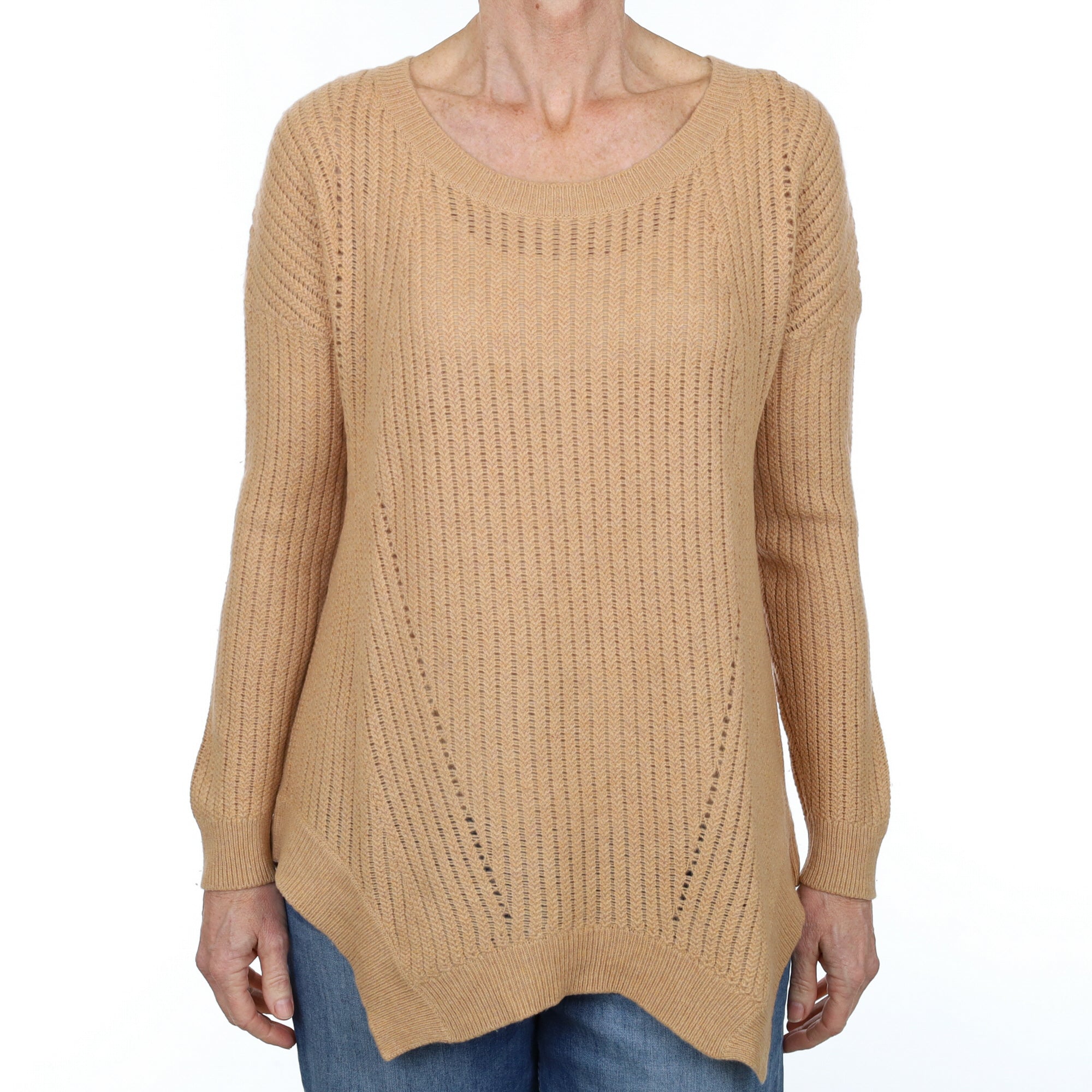 Caramel Textured Cashmere Handkerchief Hem Crew Neck Jumper Small