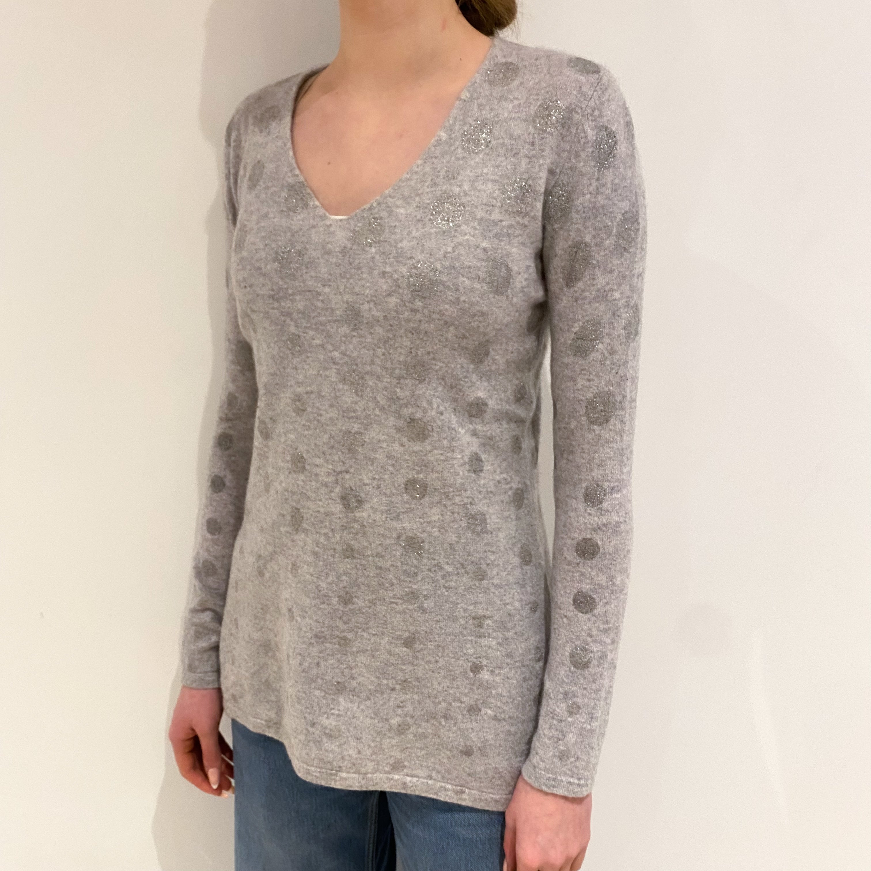 Mist Grey Sparkly Cashmere V Neck Jumper Extra Small