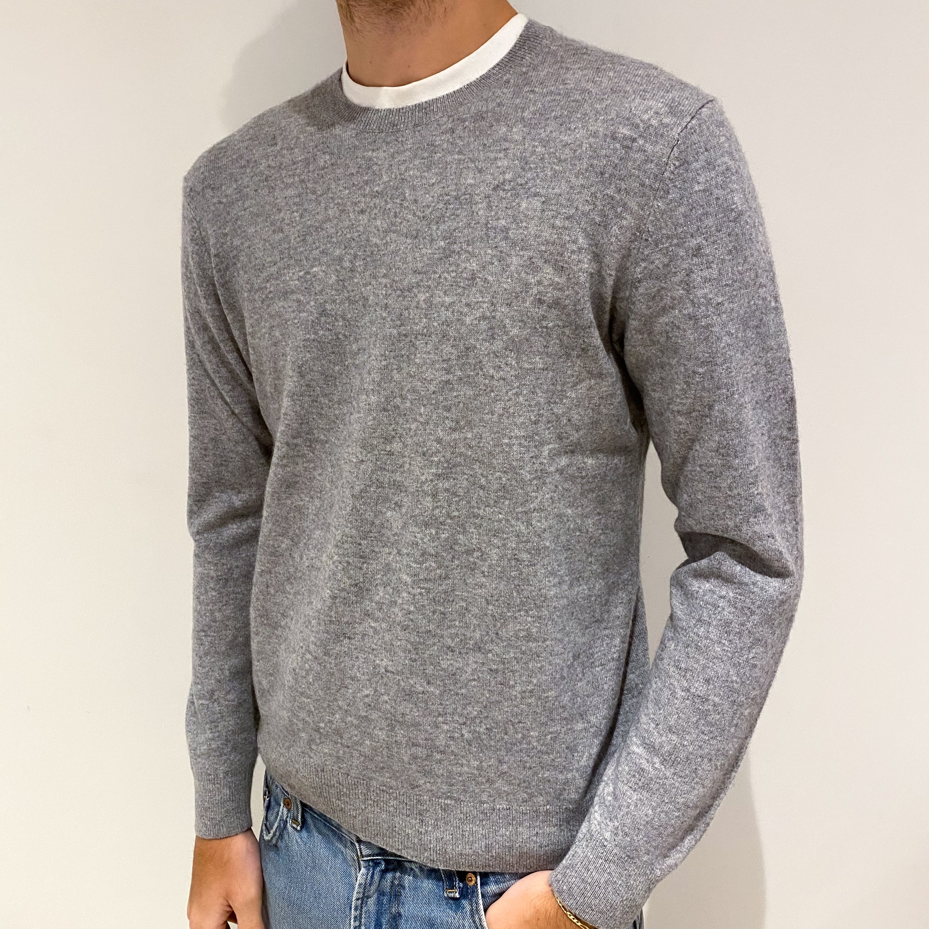 Men's Silver Grey Cashmere Crew Neck Jumper Large