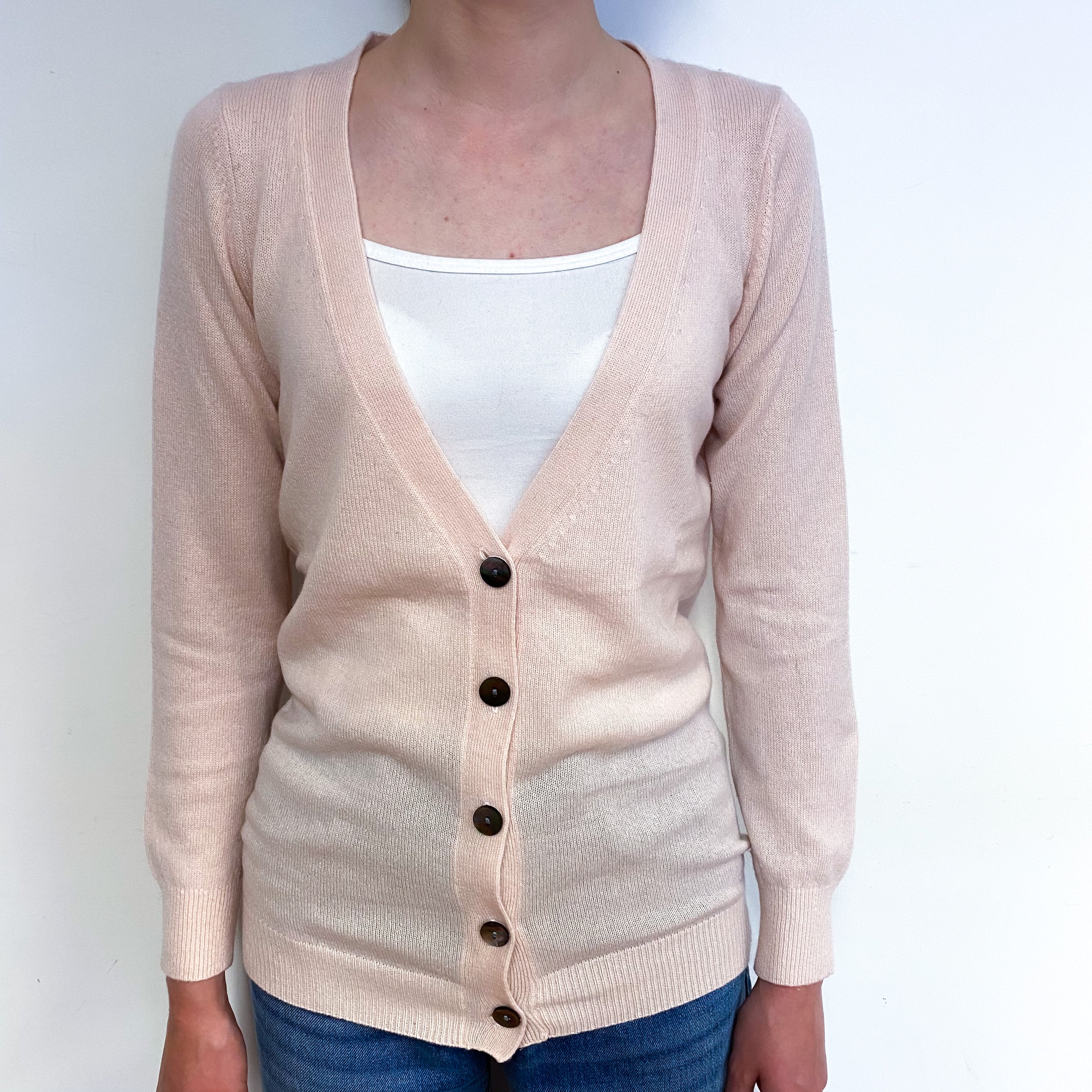 Pale Shell Pink Cashmere Low V-Neck Cardigan Extra Small
