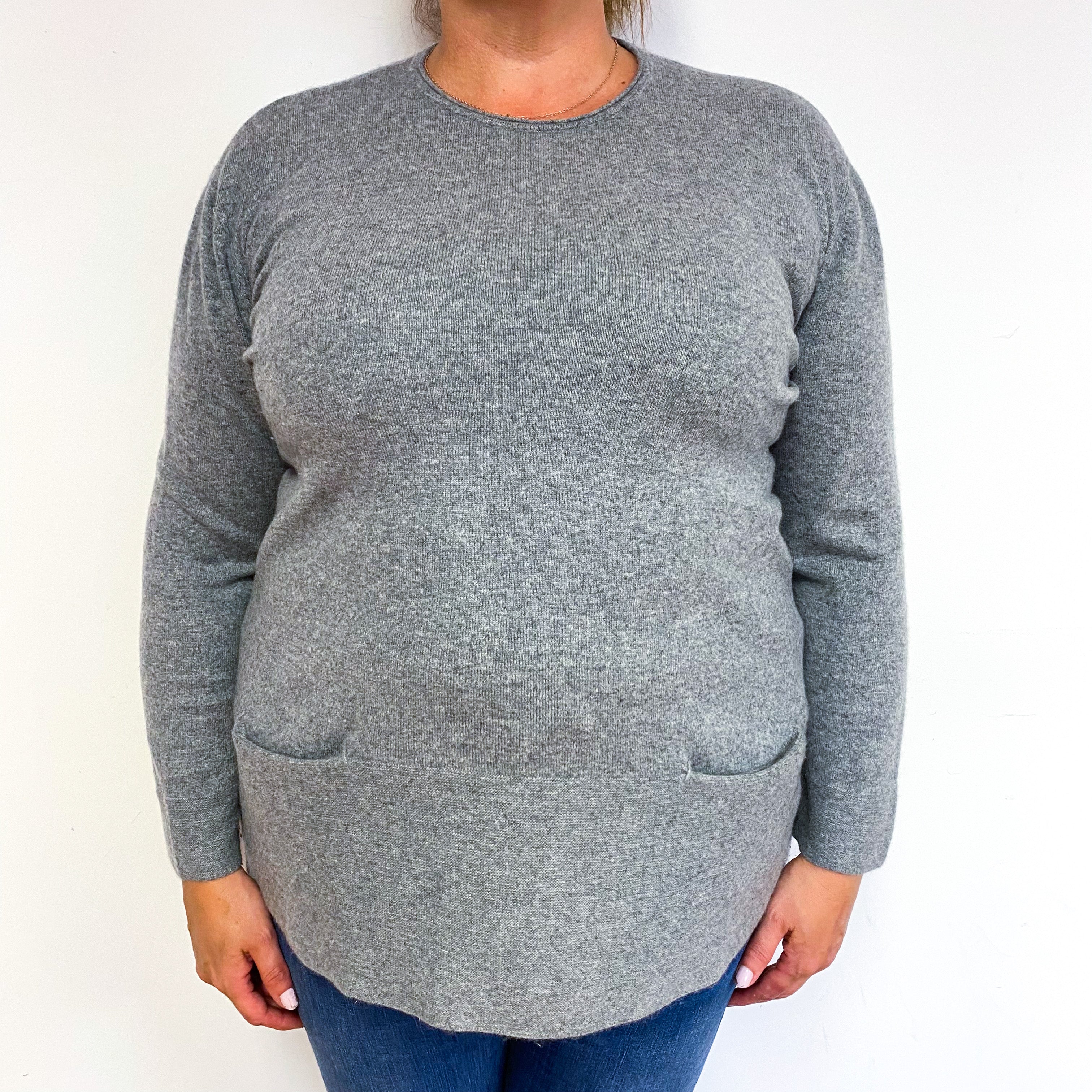Ash Grey Cashmere Crew Neck Jumper with Pockets Extra Large