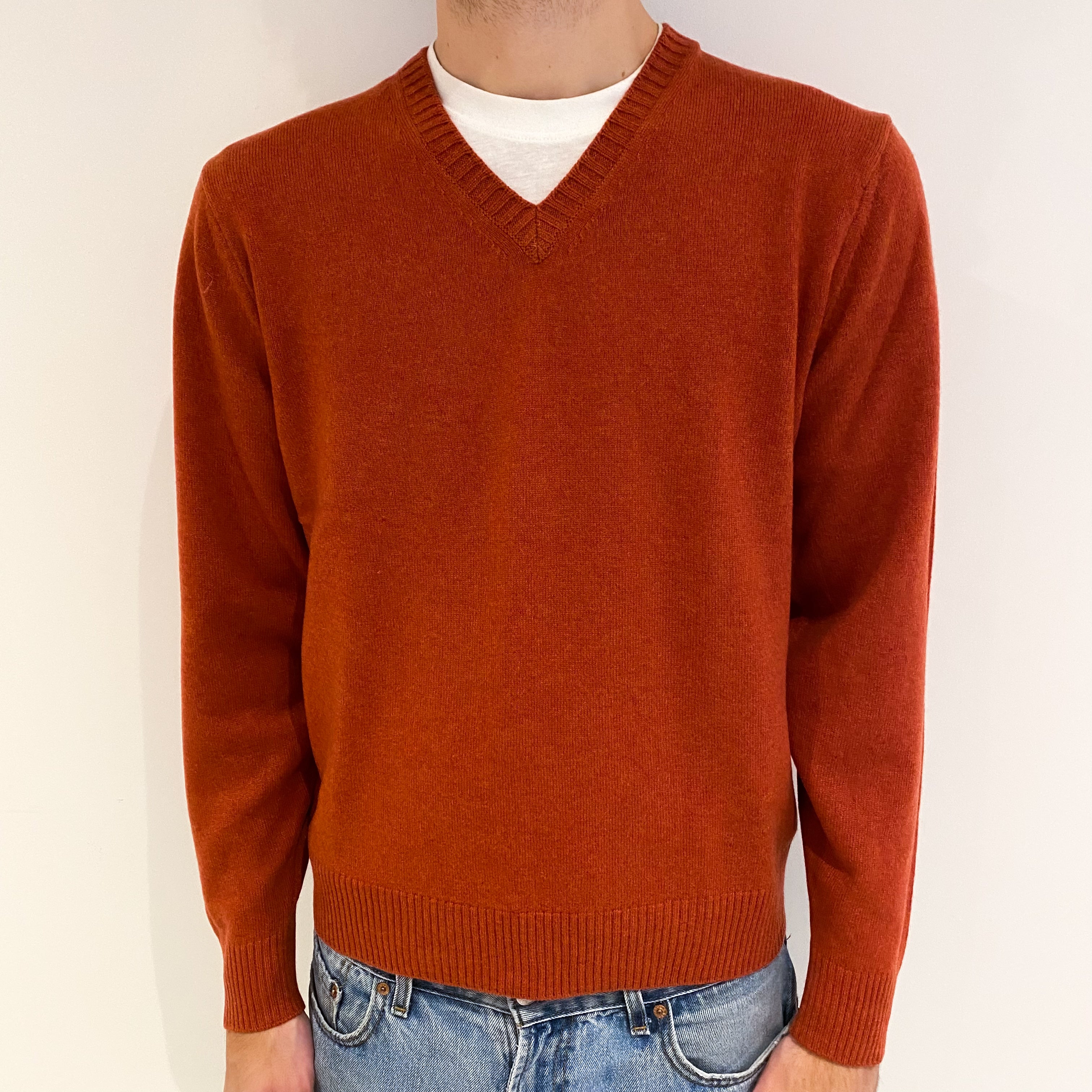 Men's Vintage Rust Orange Cashmere V Neck Jumper Large