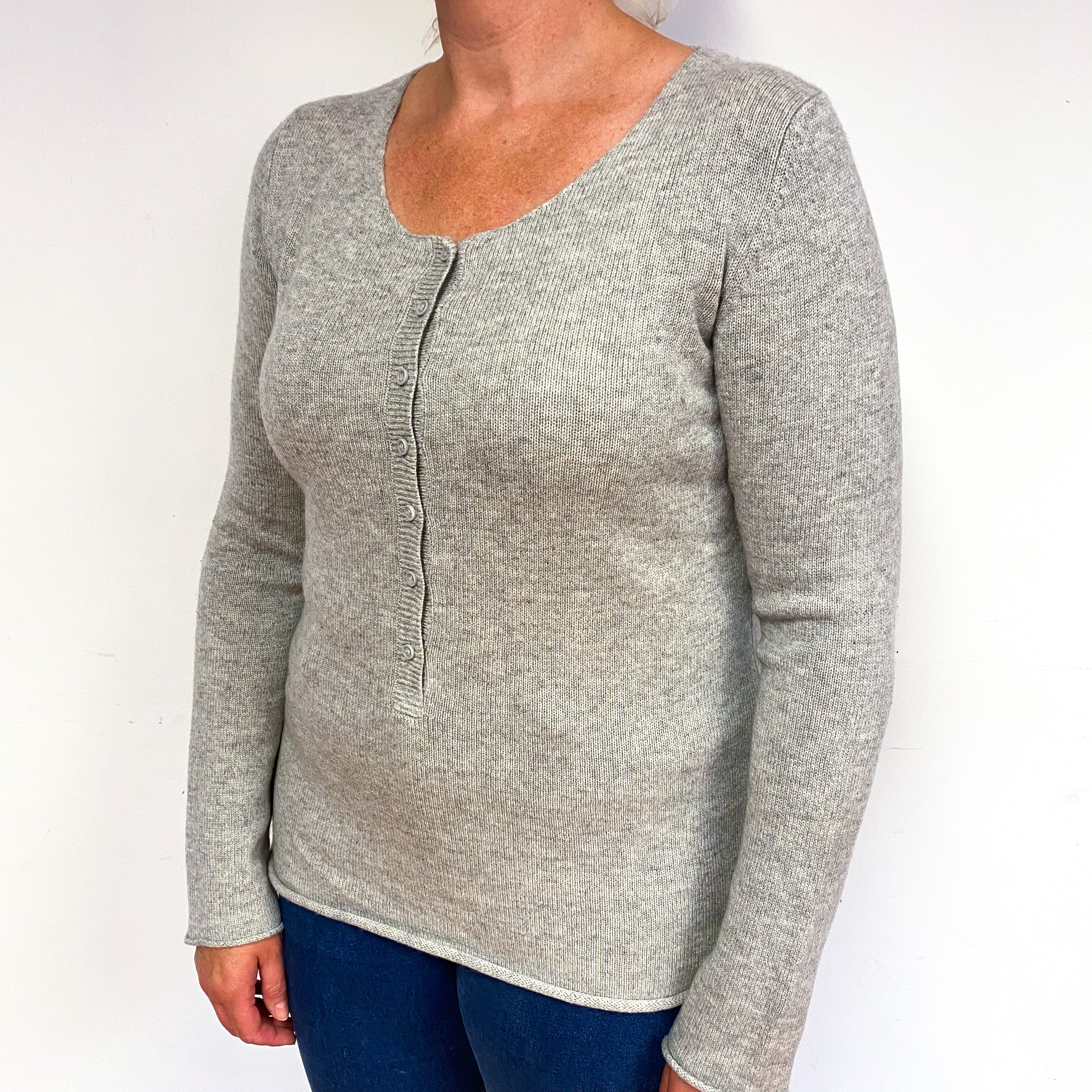 Smoke Grey Buttoned Cashmere Crew Neck Jumper Large