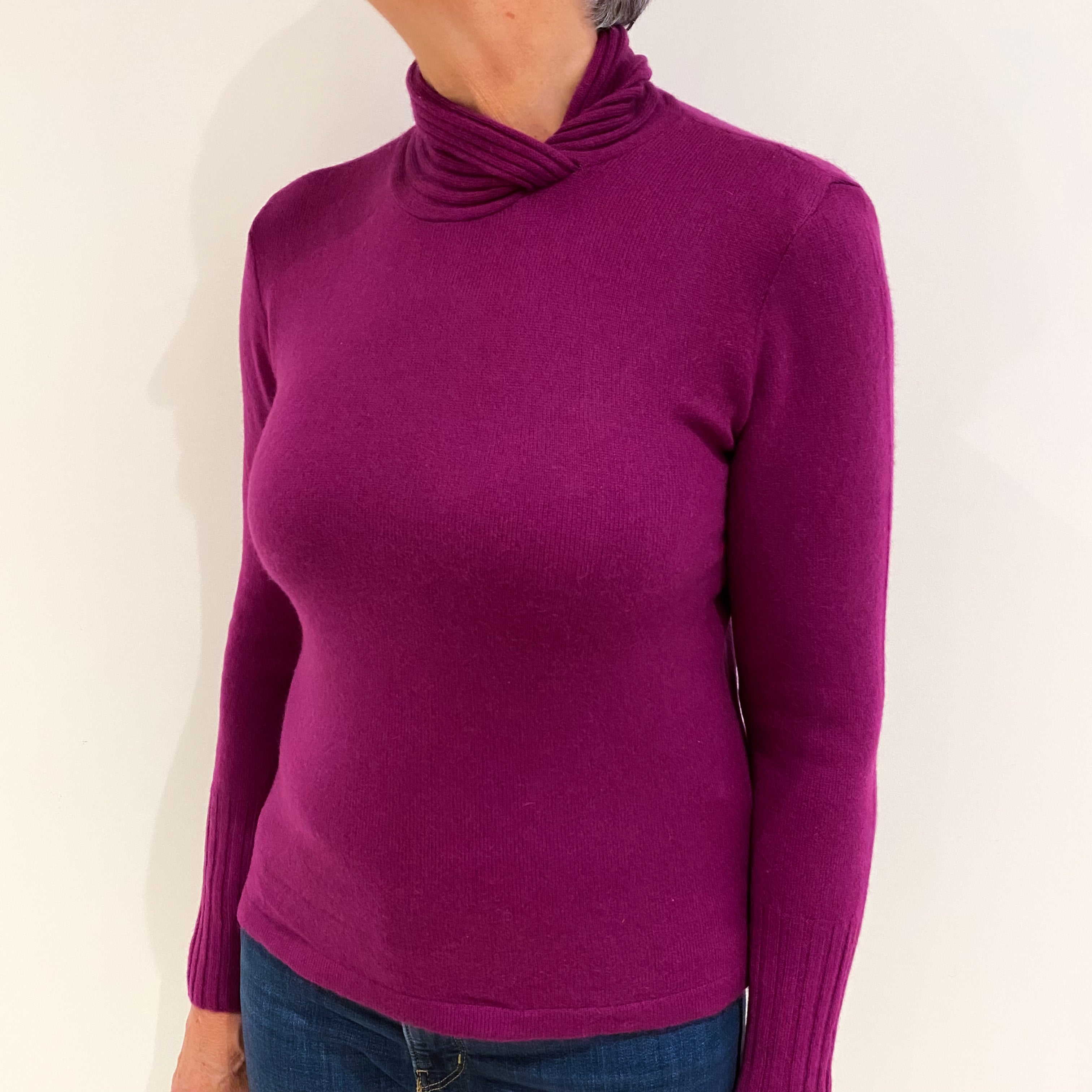 Magenta Purple Cashmere Twisted Funnel Neck Jumper Medium