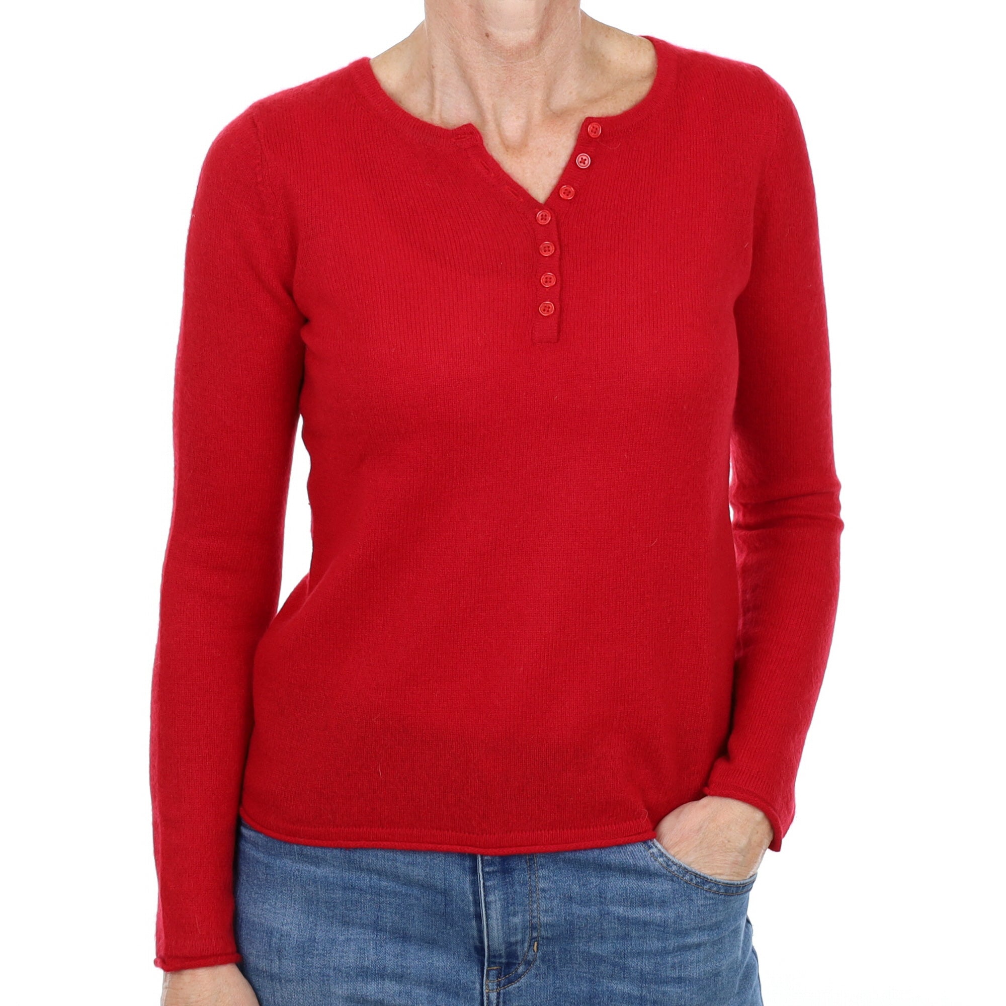 Post Box Red Cashmere Button Up V Neck Jumper Small
