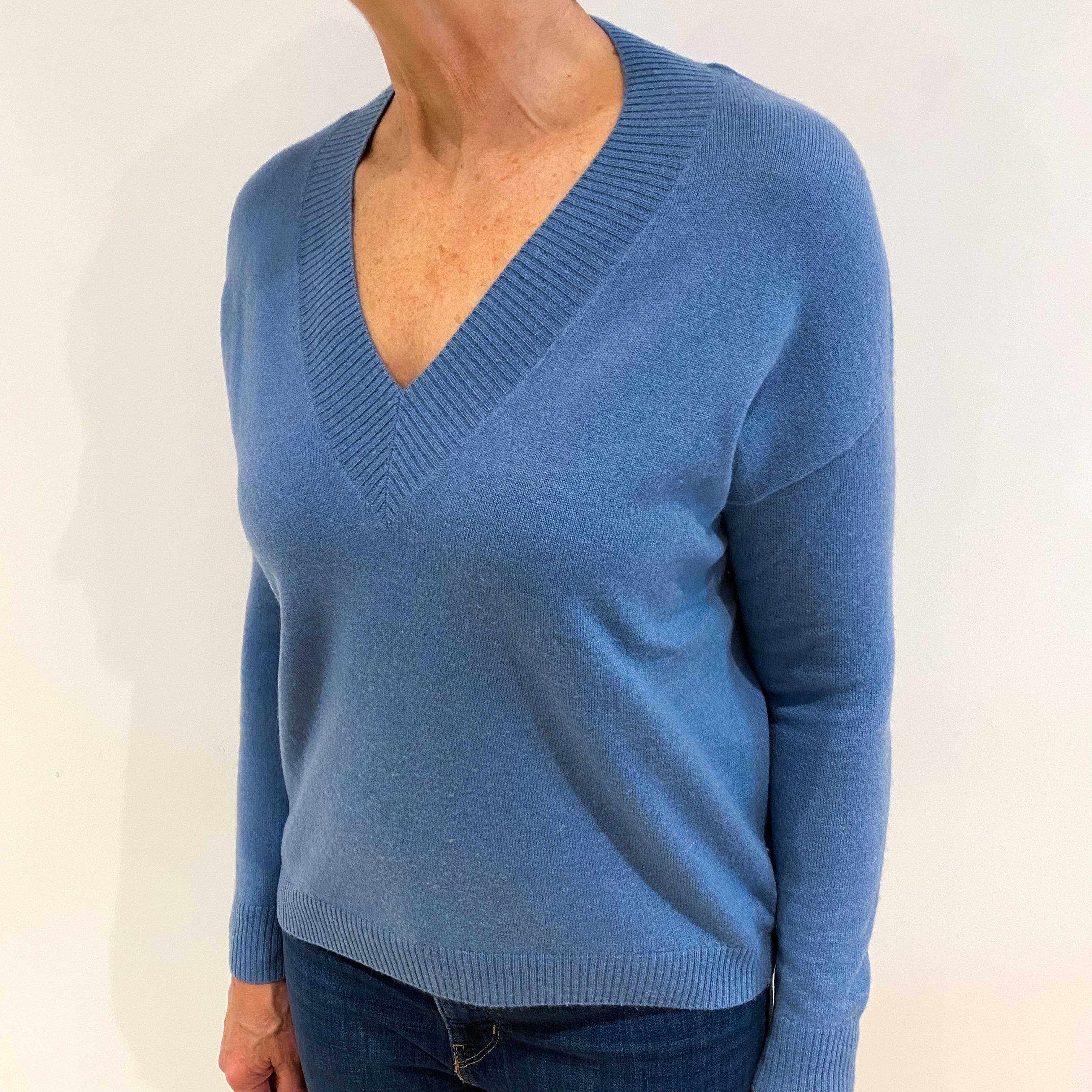 Denim Blue Cashmere V Neck Slouchy Fit Jumper Medium