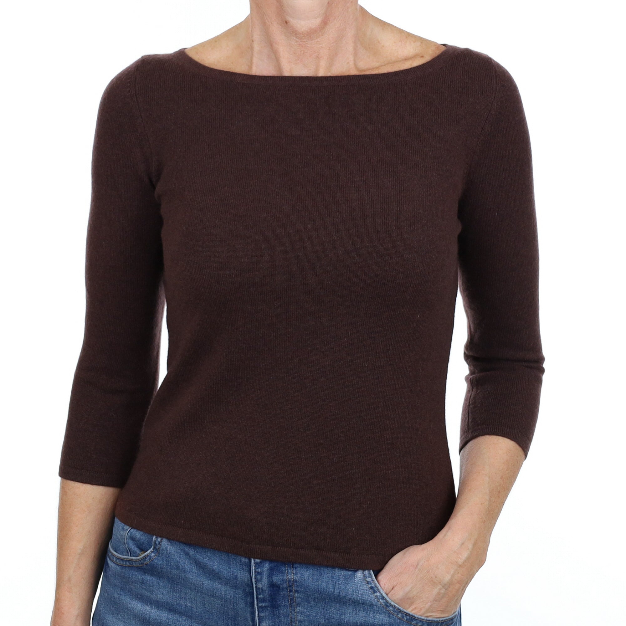New Chocolate Brown Cashmere Wide Crew Neck Jumper Small