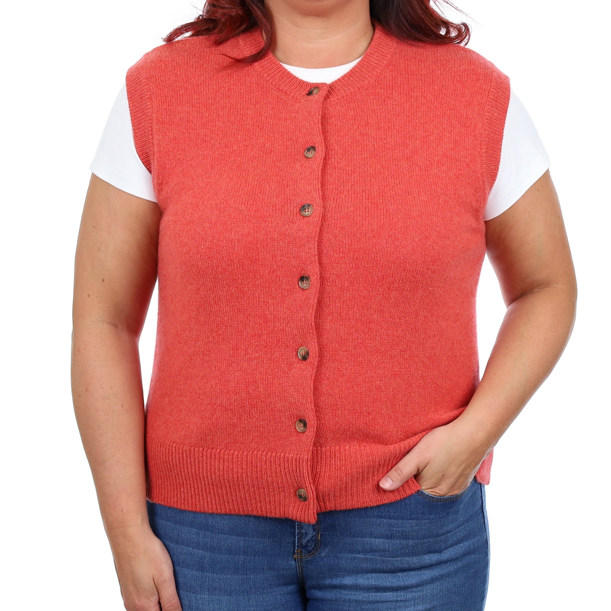 Brand New Watermelon Orange Luxury Cashmere Crew Neck Waistcoat Large UK 16-18