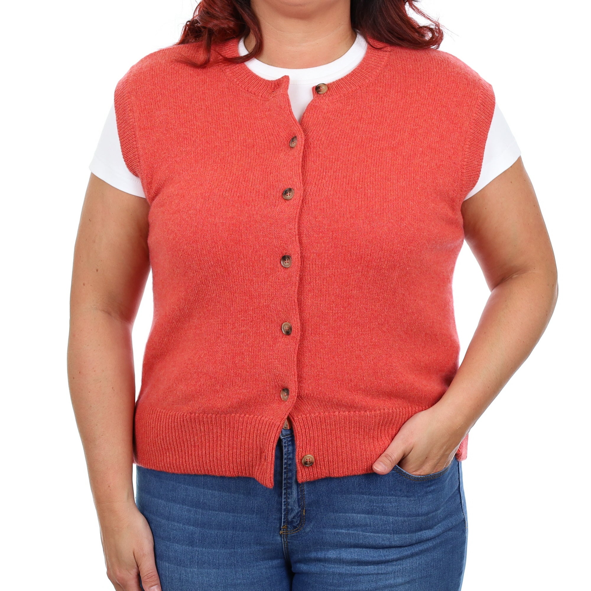 Brand New Watermelon Orange Luxury Cashmere Crew Neck Waistcoat Large UK 16-18