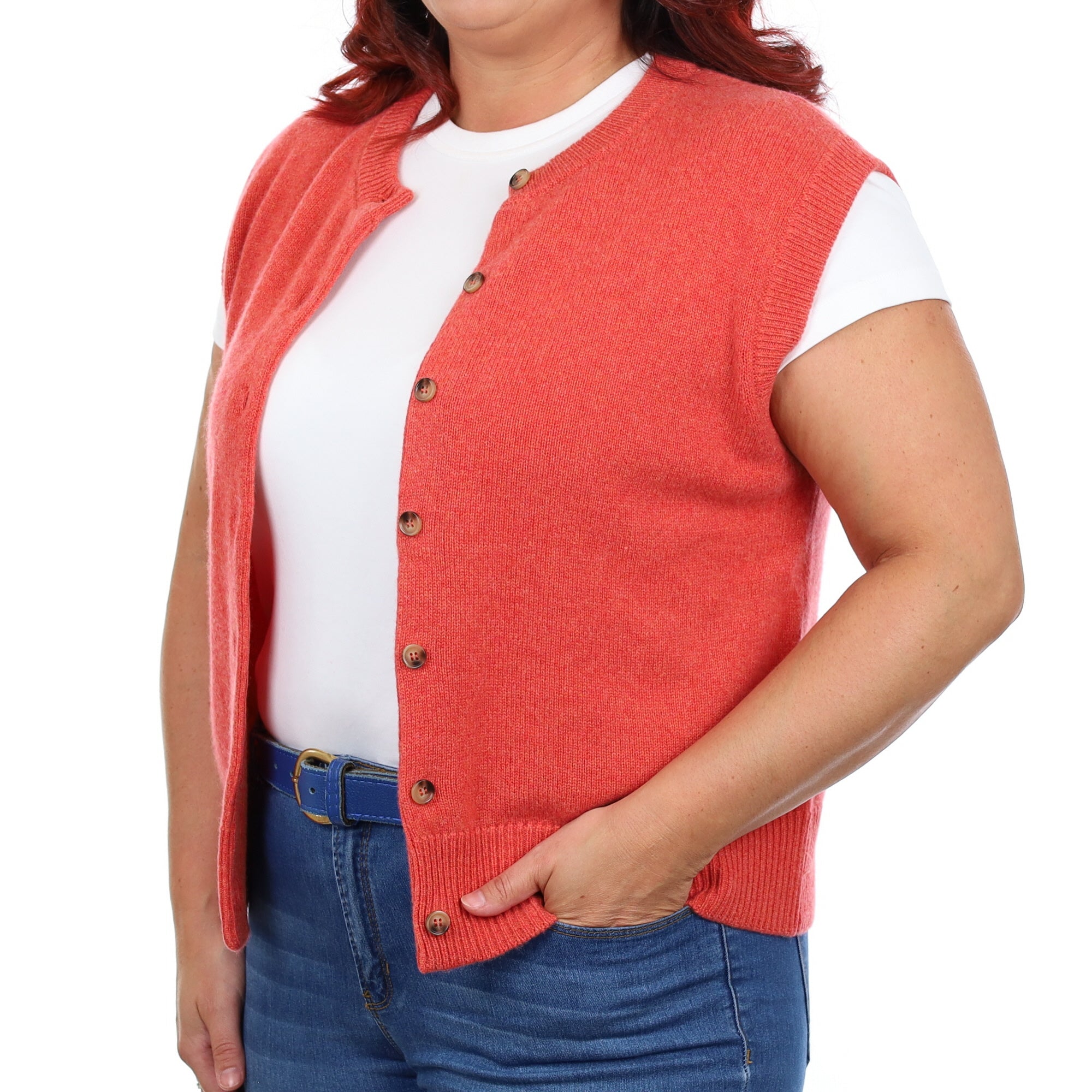 Brand New Watermelon Orange Luxury Cashmere Crew Neck Waistcoat Large UK 16-18