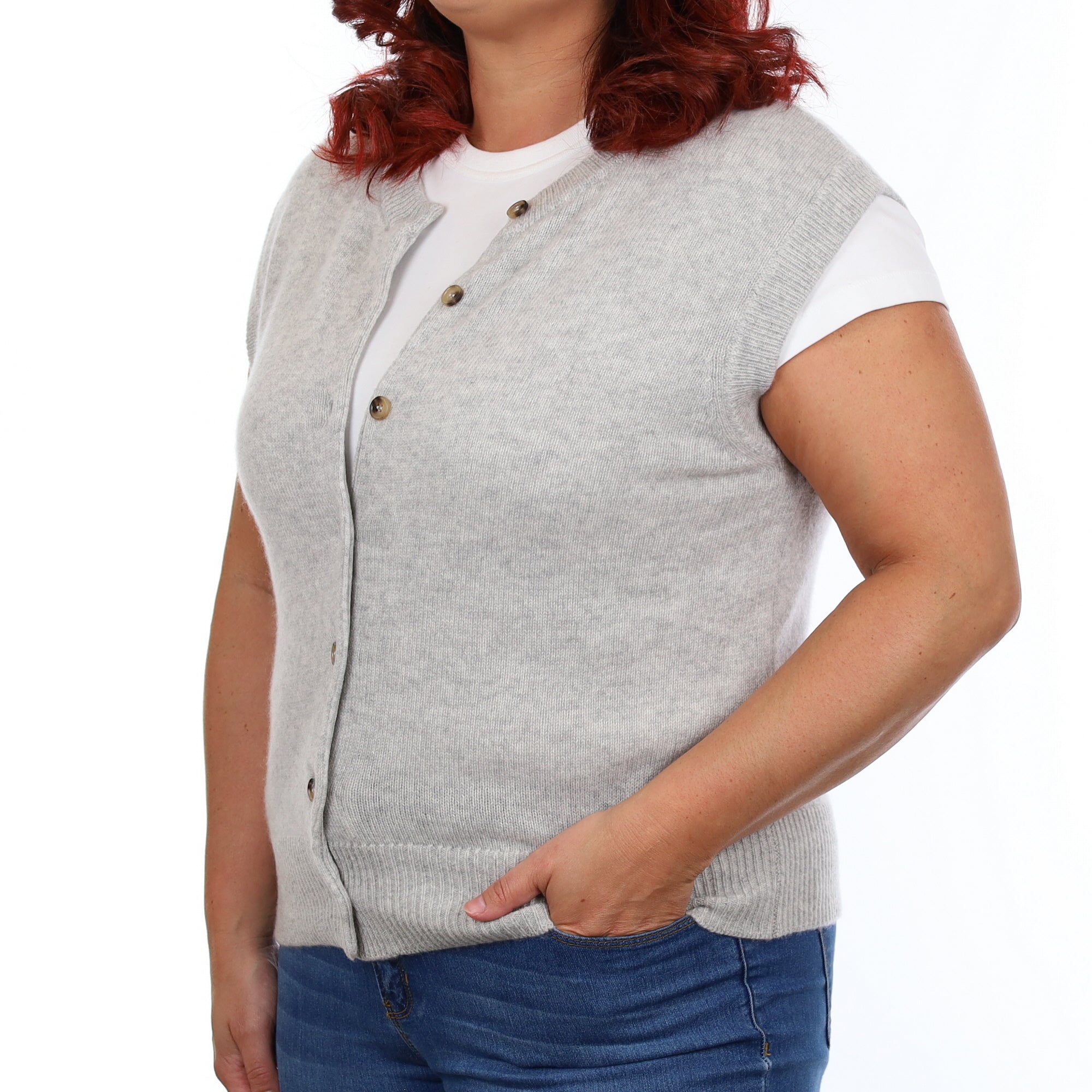 Brand New Mist Grey Luxury Cashmere Crew Neck Waistcoat Large UK 16-18