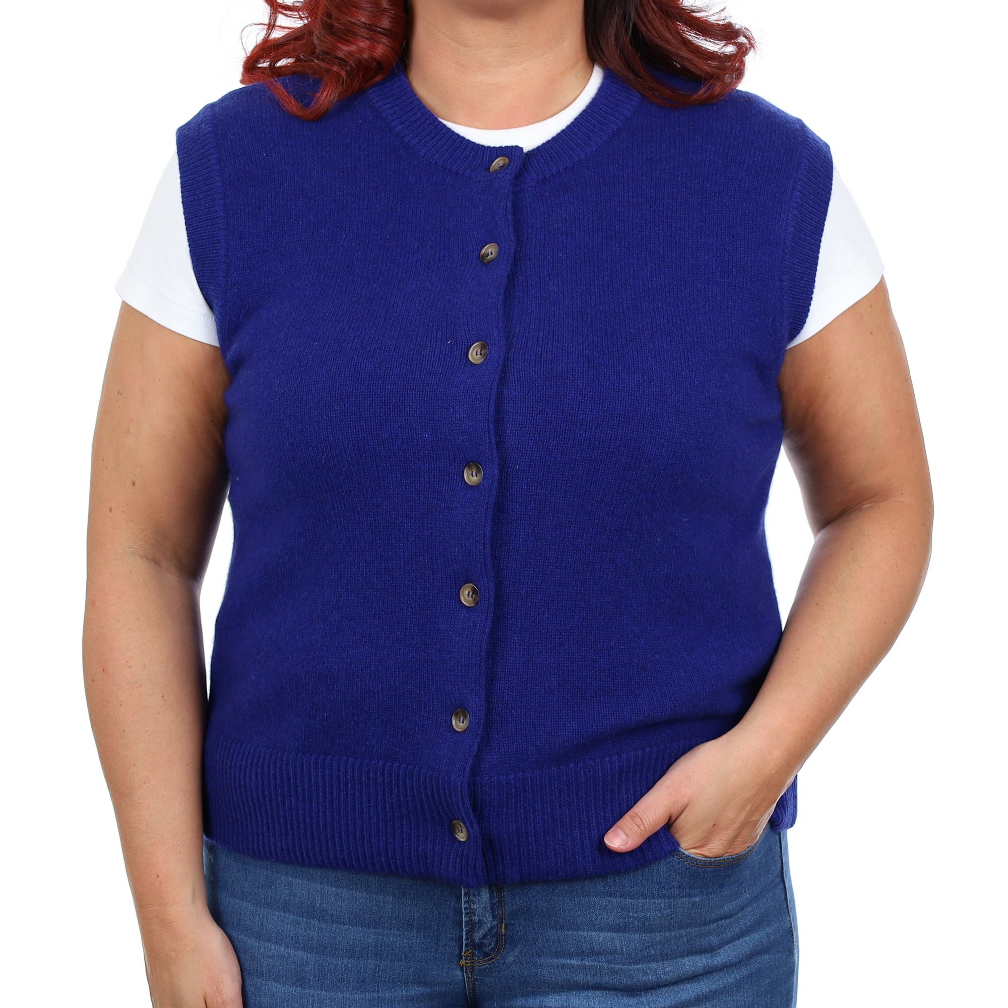 Brand New Lapis Blue Luxury Cashmere Crew Neck Waistcoat Large UK 16-18