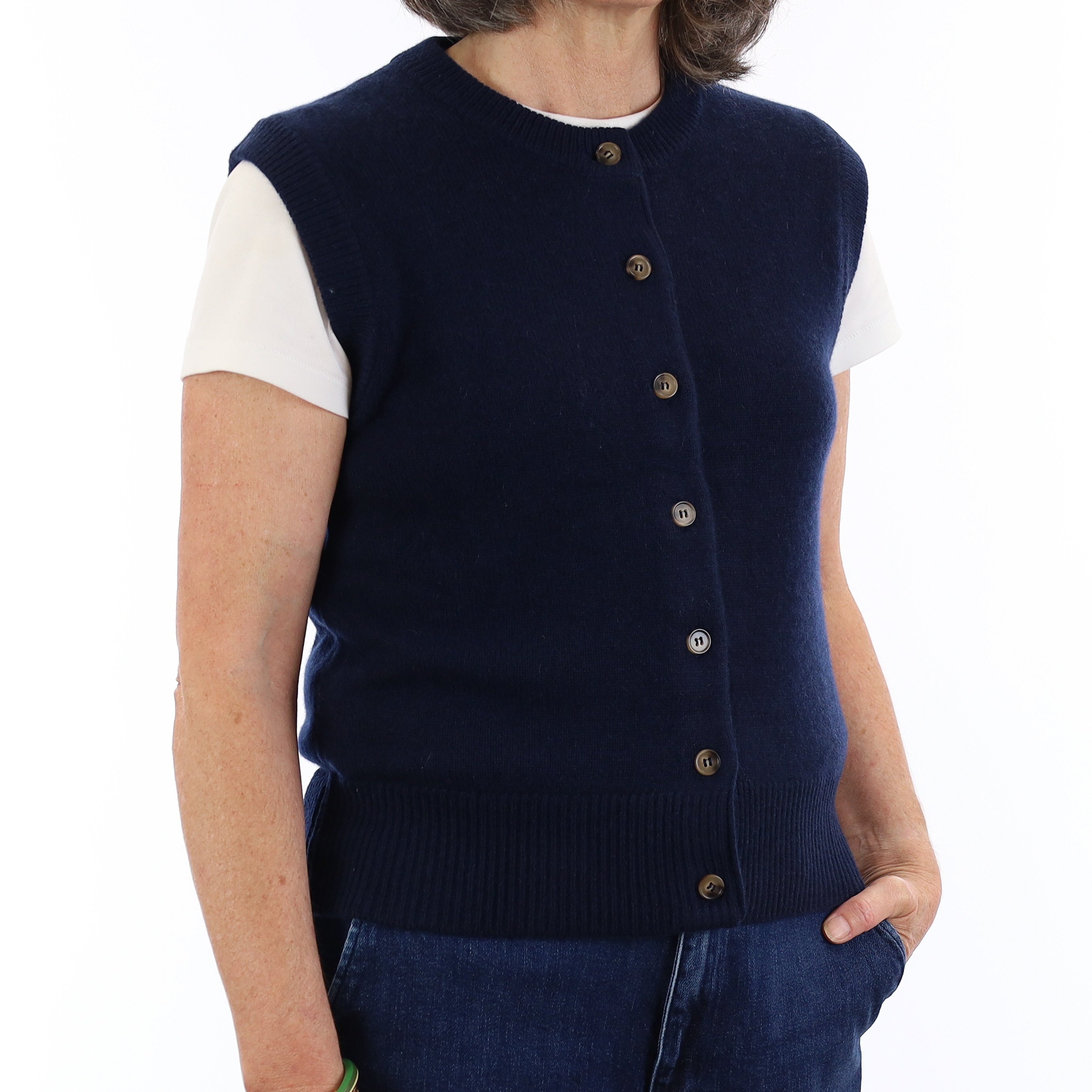 Brand New Navy Luxury Cashmere Crew Neck Waistcoat Medium UK 12-14