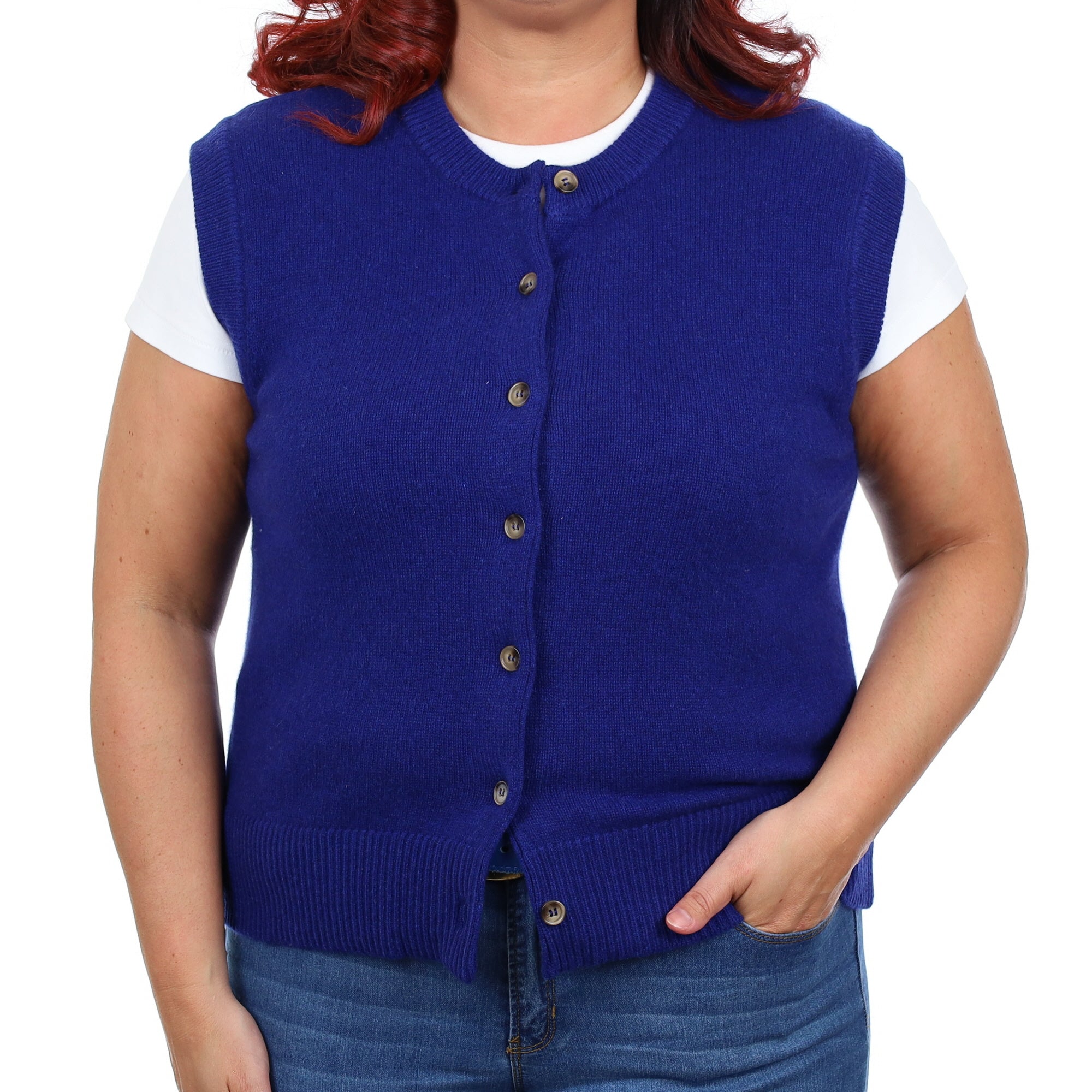 Brand New Lapis Blue Luxury Cashmere Crew Neck Waistcoat Large UK 16-18