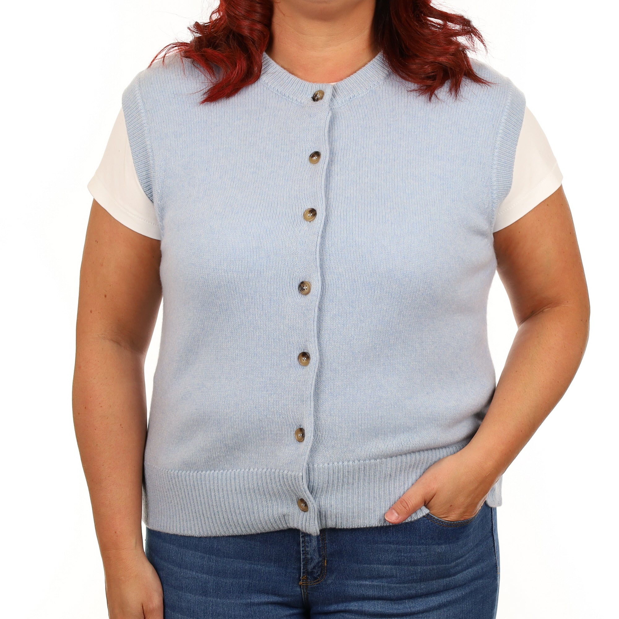 Brand New Baby Blue Luxury Cashmere Crew Neck Waistcoat Large UK 16-18