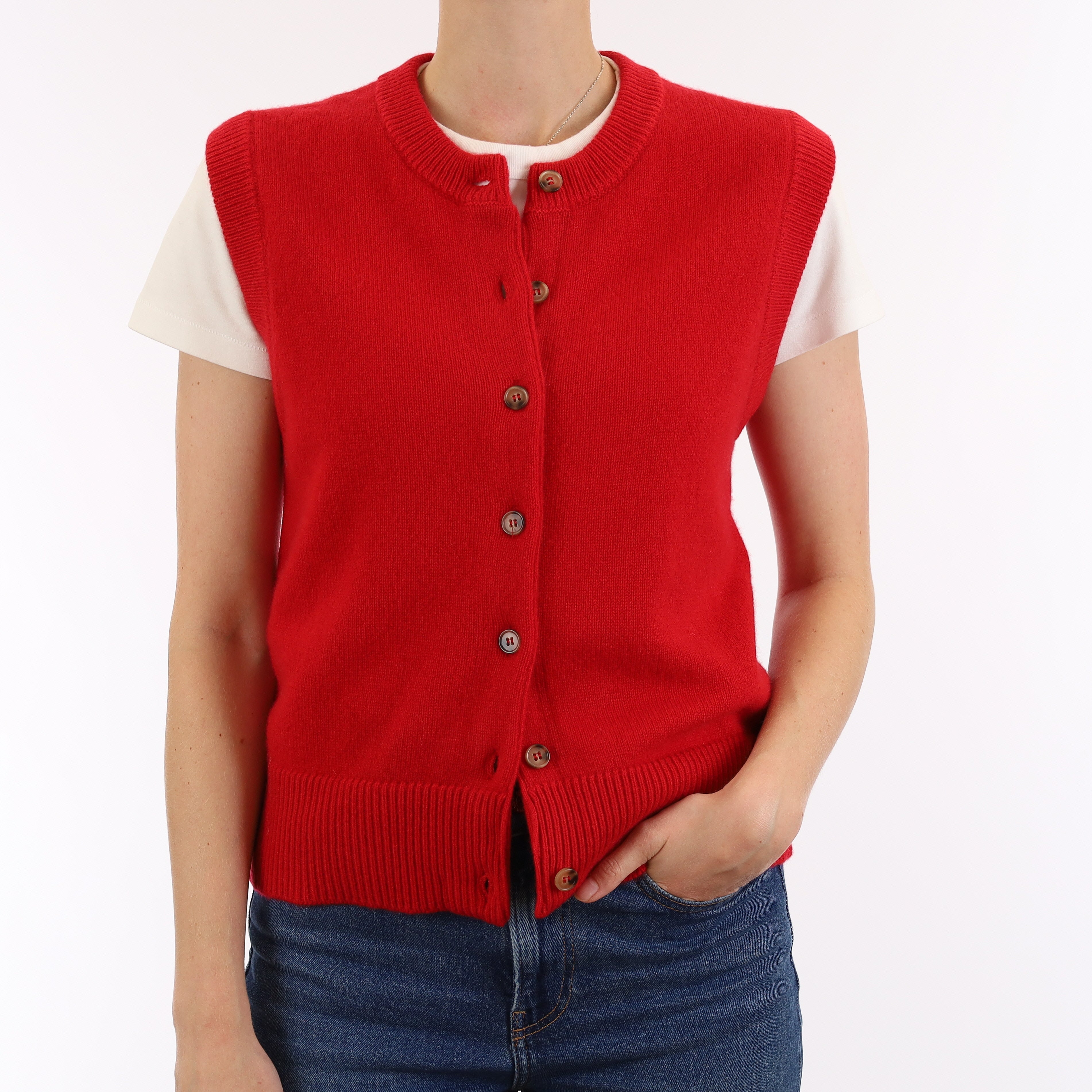Brand New Post Box Red Luxury Cashmere Crew Neck Waistcoat Extra Small UK 6-8