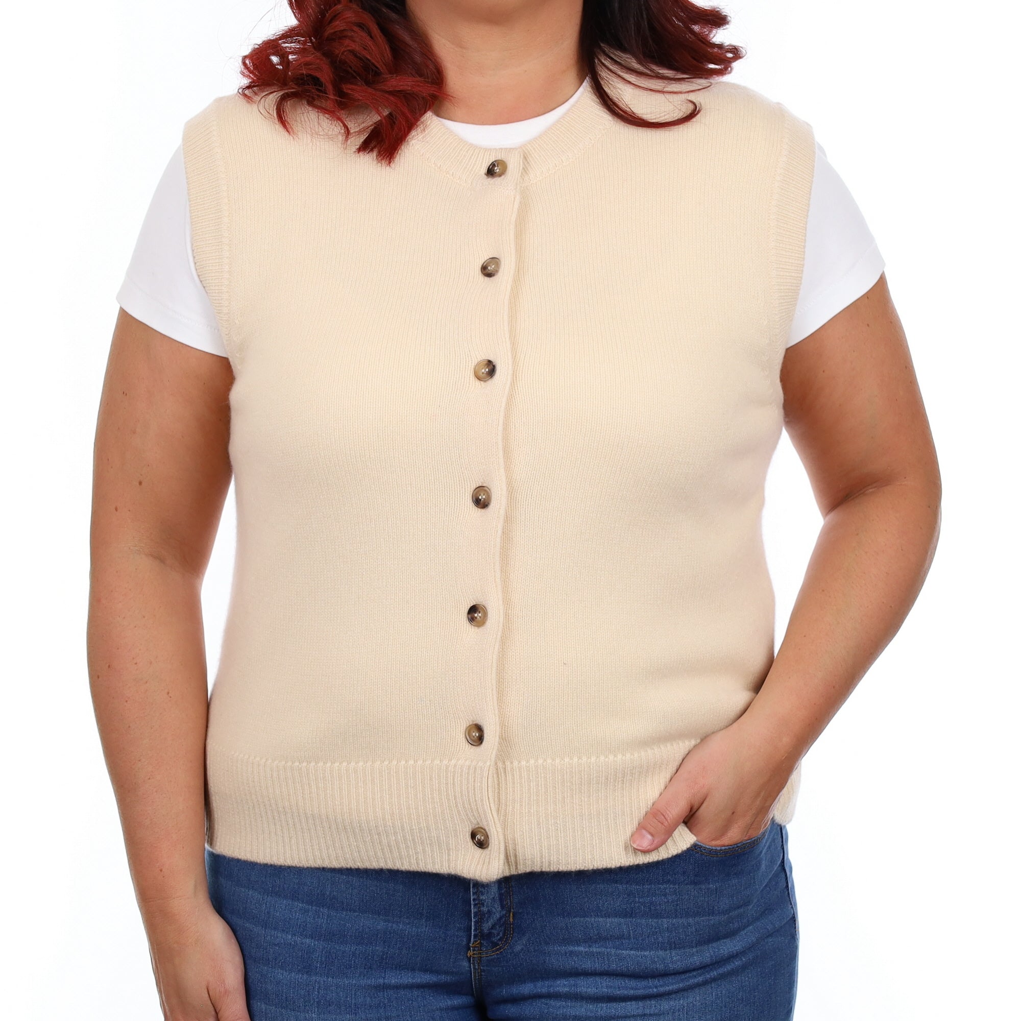 Brand New Vanilla Cream Luxury Cashmere Crew Neck Waistcoat Large UK 16-18
