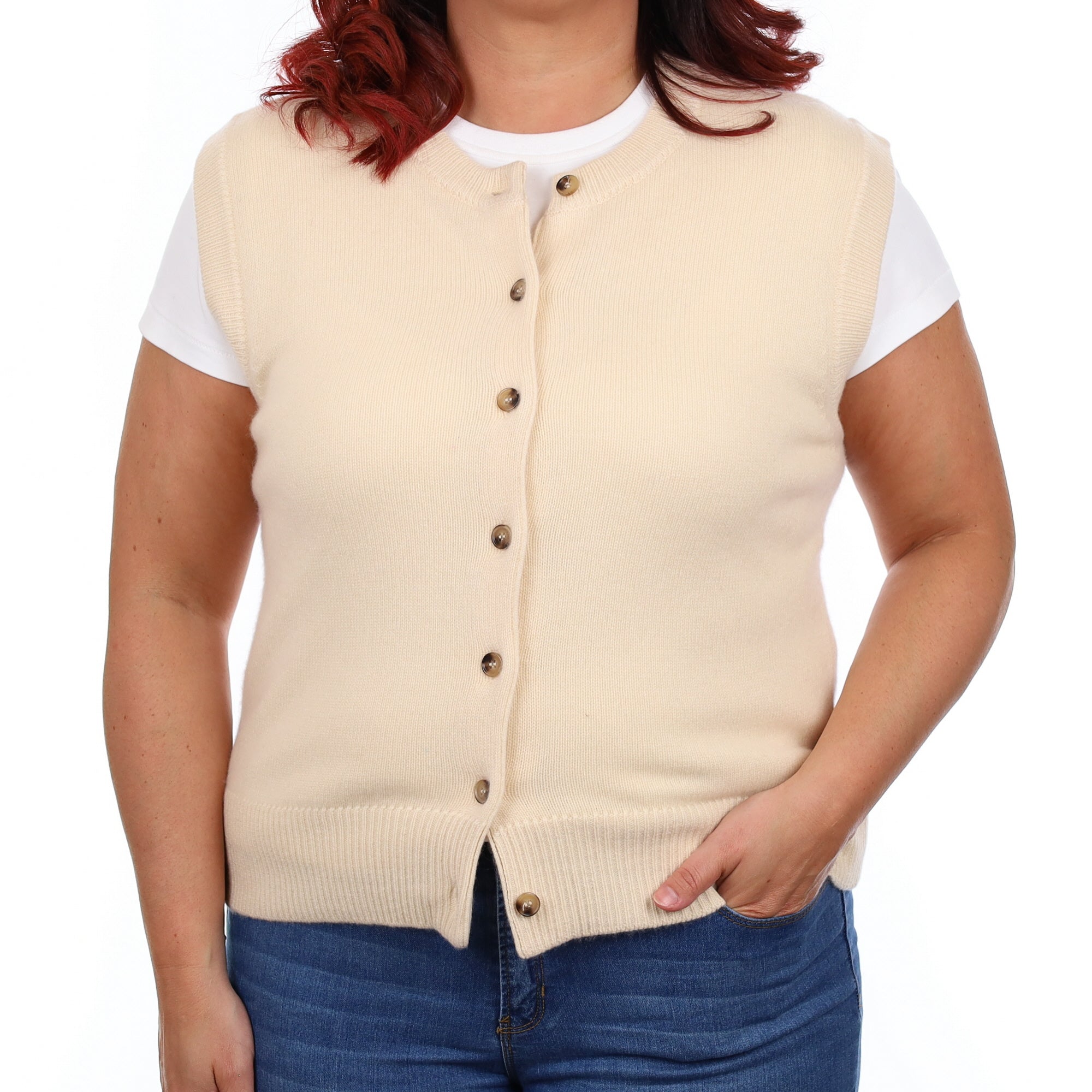 Brand New Vanilla Cream Luxury Cashmere Crew Neck Waistcoat Large UK 16-18
