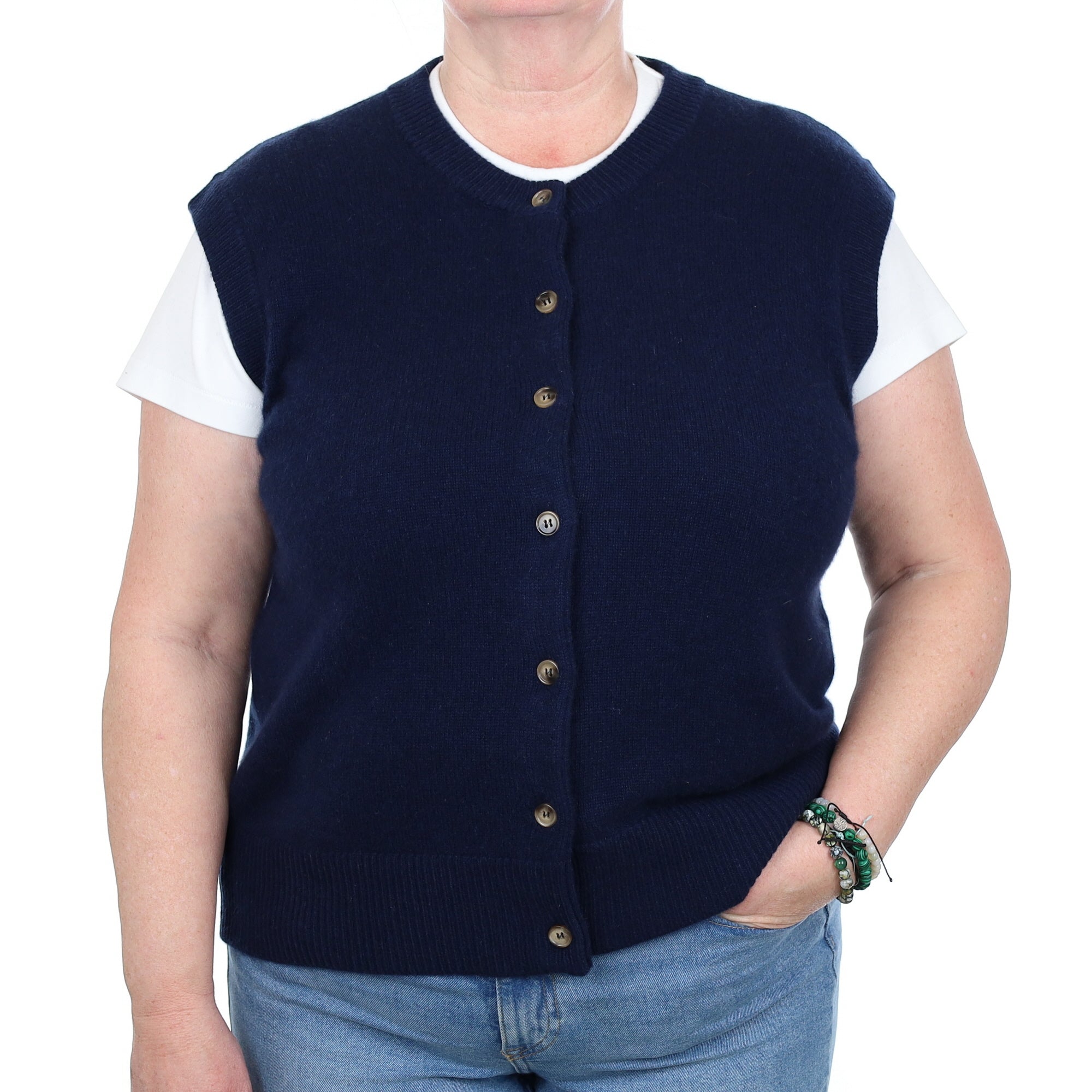 Brand New Navy Luxury Cashmere Crew Neck Waistcoat Extra Large UK 20-22