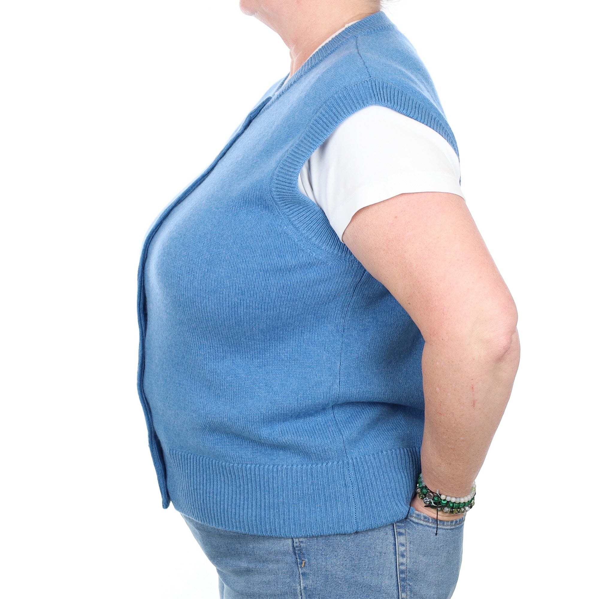 Brand New Mediterranean Blue Luxury Cashmere Crew Neck Waistcoat Extra Large UK 20-22