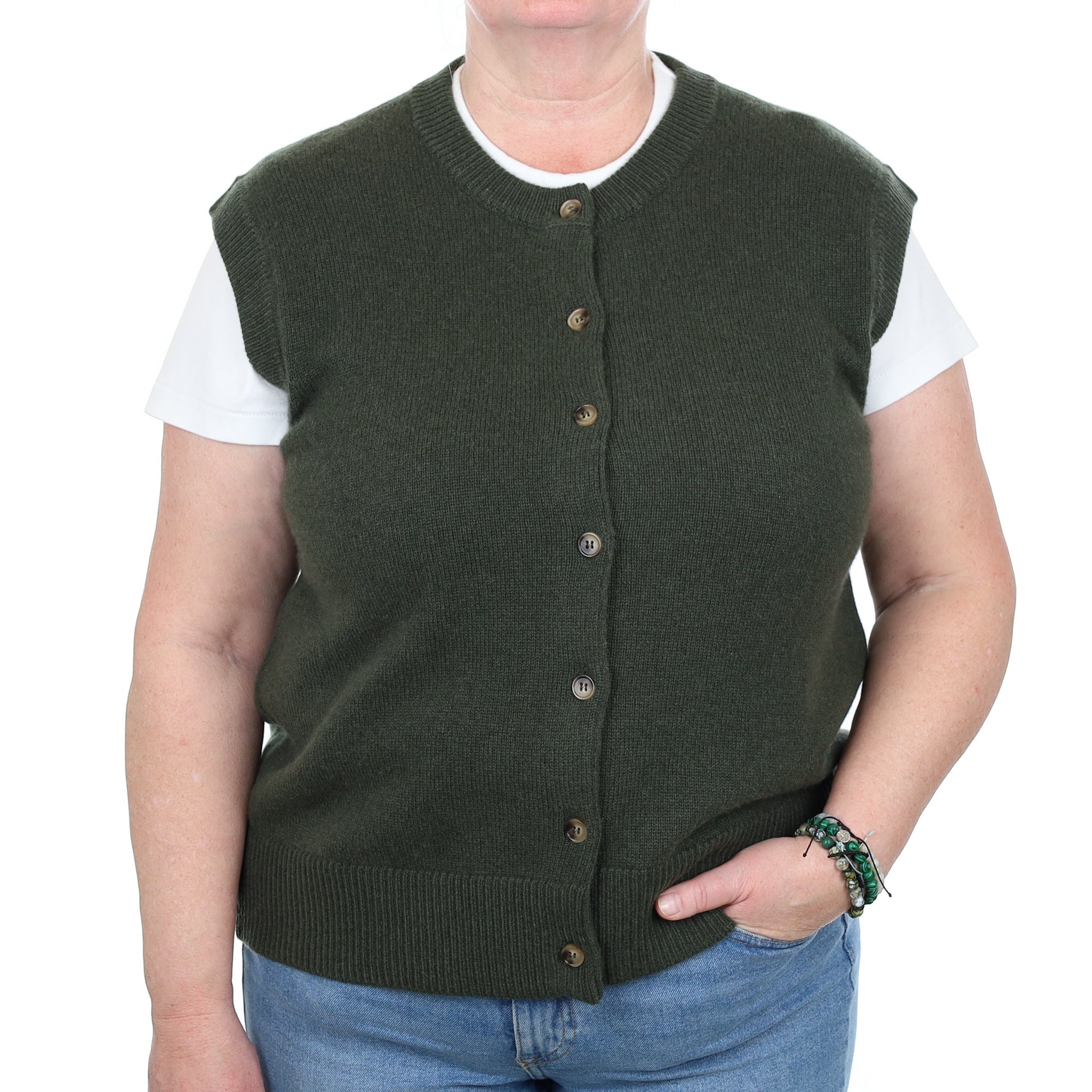 Brand New Khaki Luxury Cashmere Crew Neck Waistcoat Extra Large UK 20-22