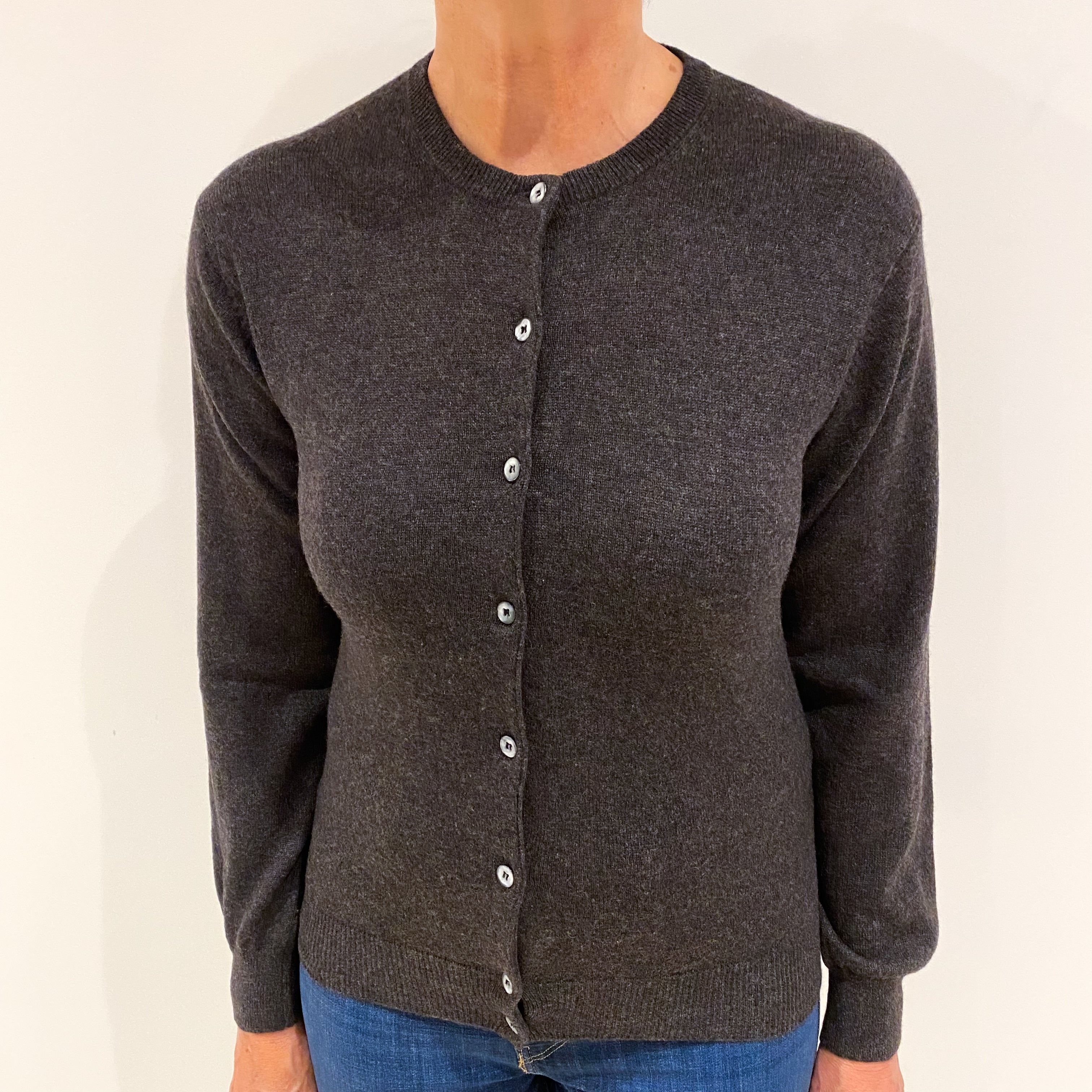 Charcoal Grey Cashmere Crew Neck Cardigan Medium