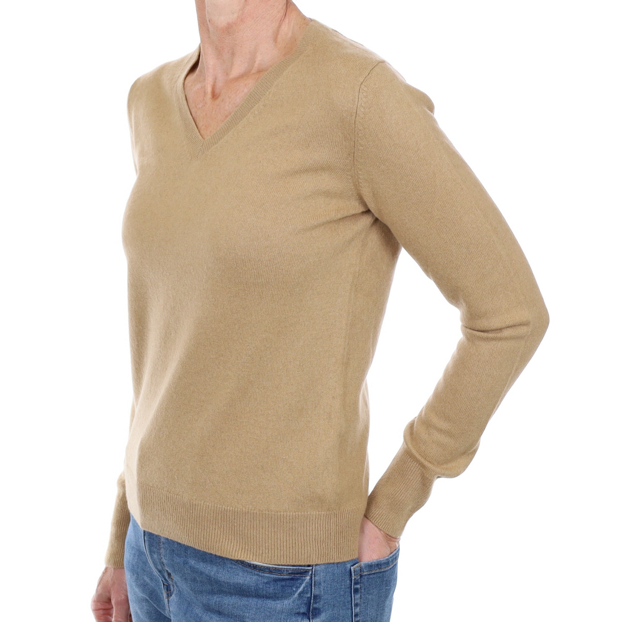 Caramel Brown Cashmere V Neck Jumper Small