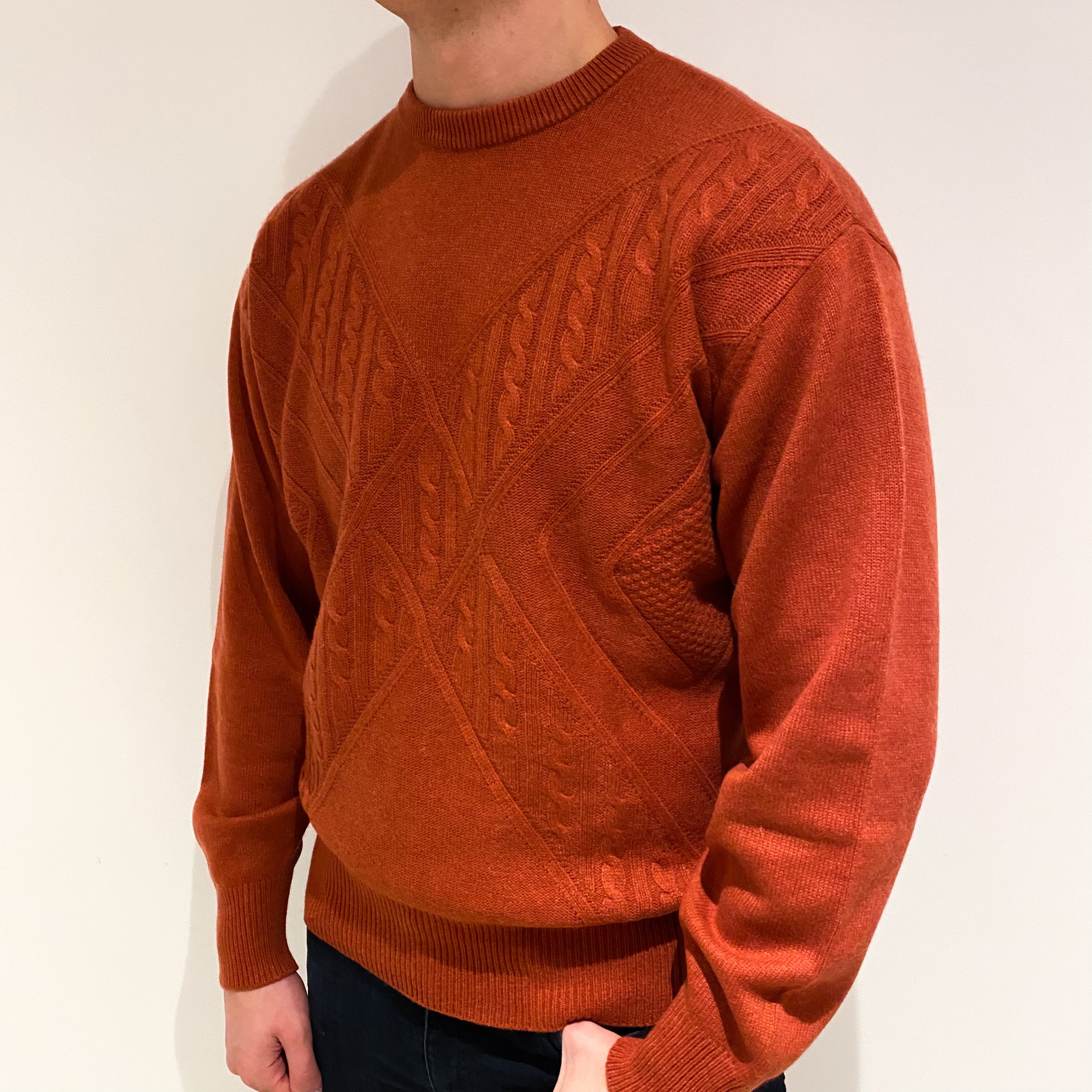 Men's Terracotta Red Cashmere Crew Neck Jumper XL