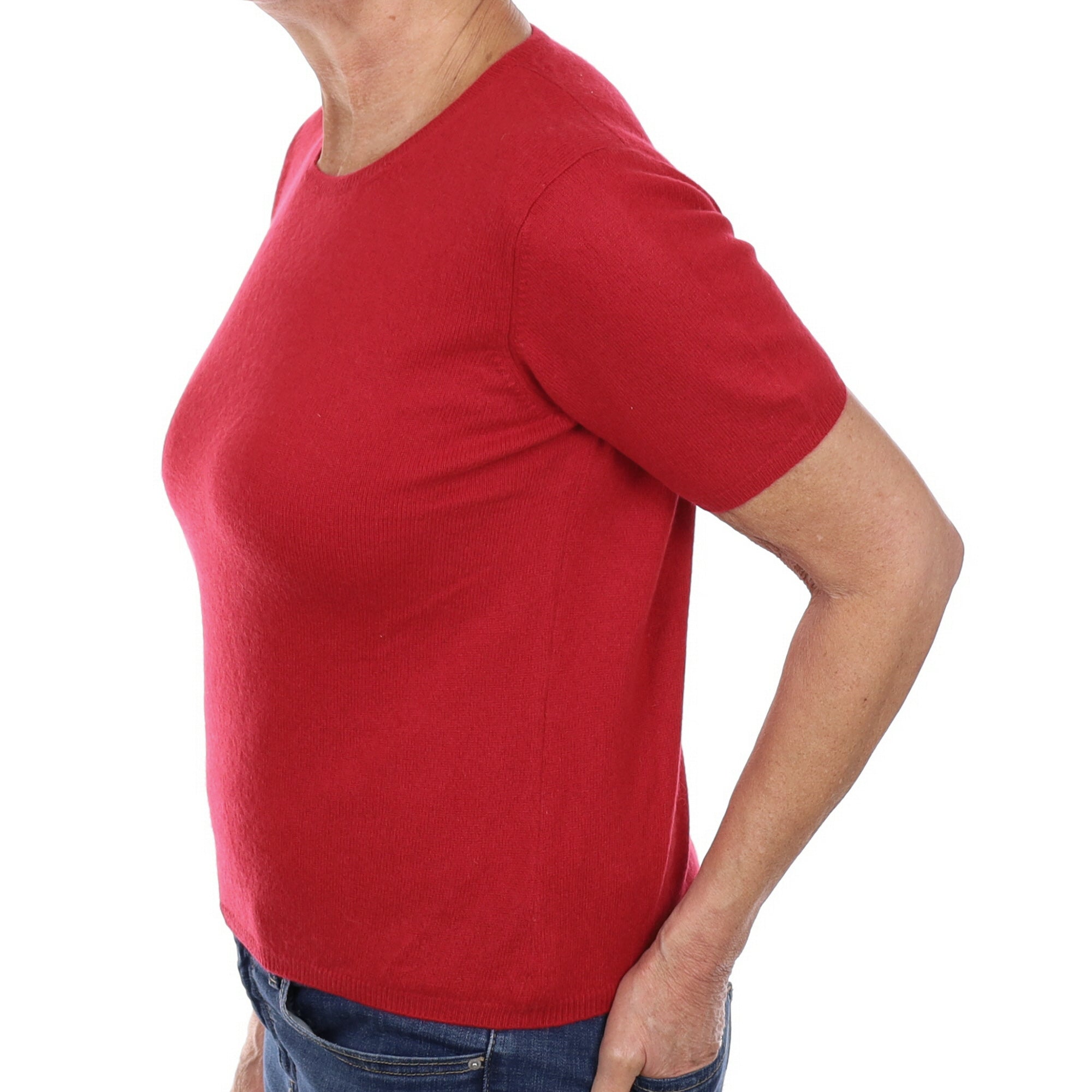 Berry Red Cashmere Short Sleeve Crew Neck Jumper Medium
