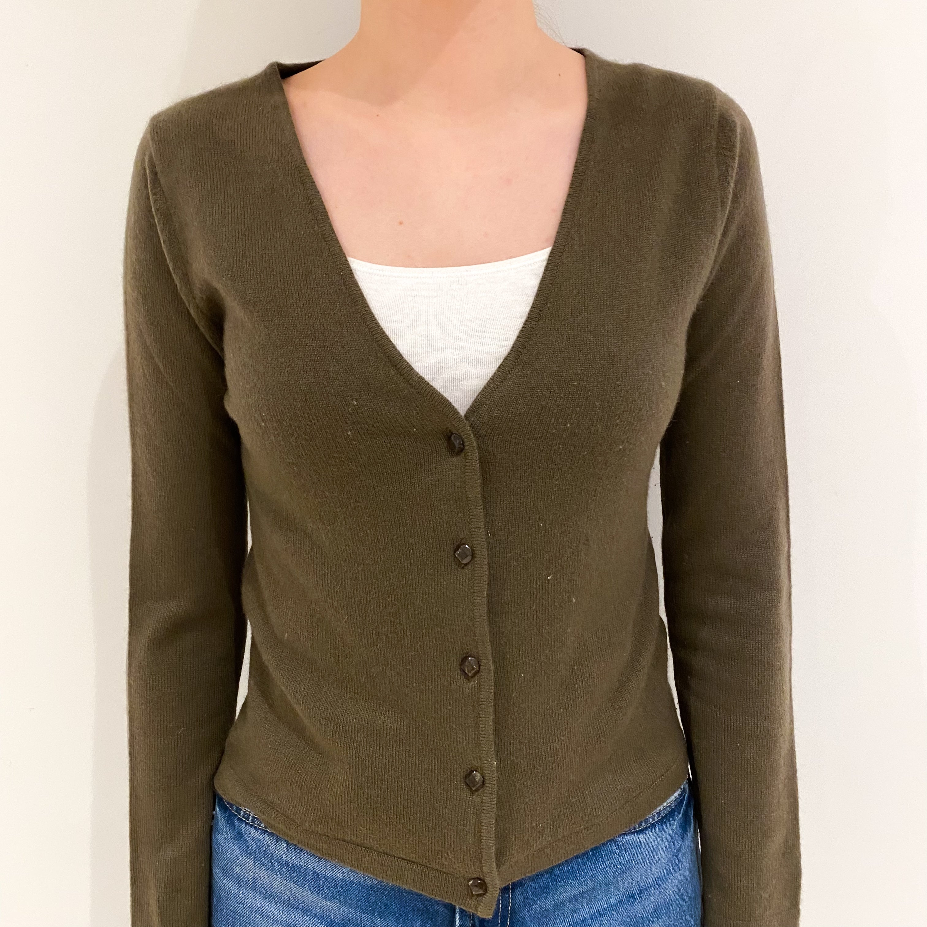 Khaki Green Cashmere V Neck Cardigan Extra Small