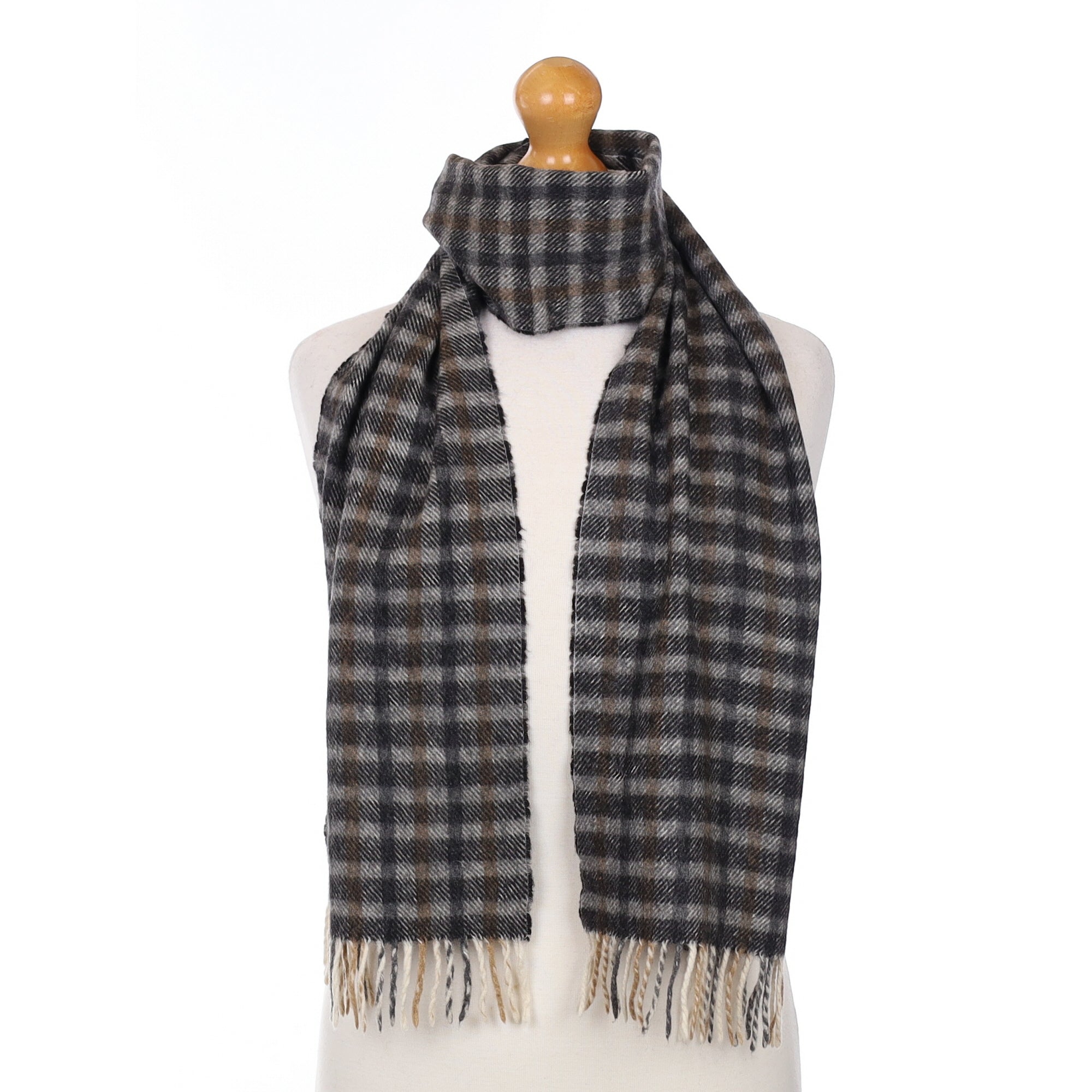 Grey and Brown Checked Cashmere Woven Scarf