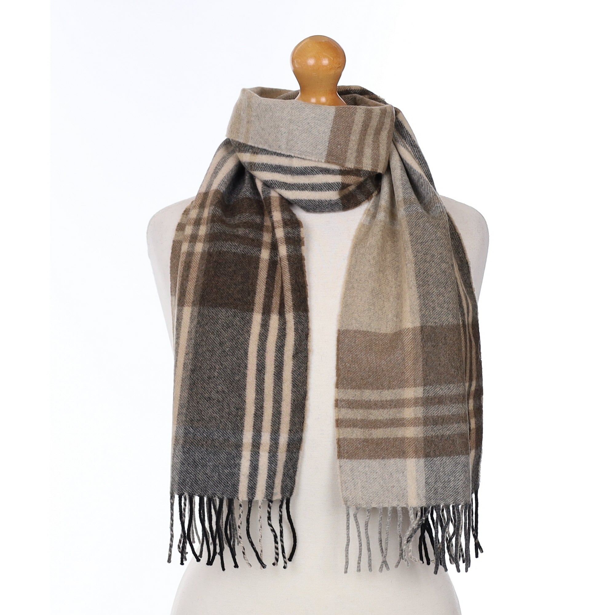 Grey and Brown Plaid Cashmere Woven Scarf