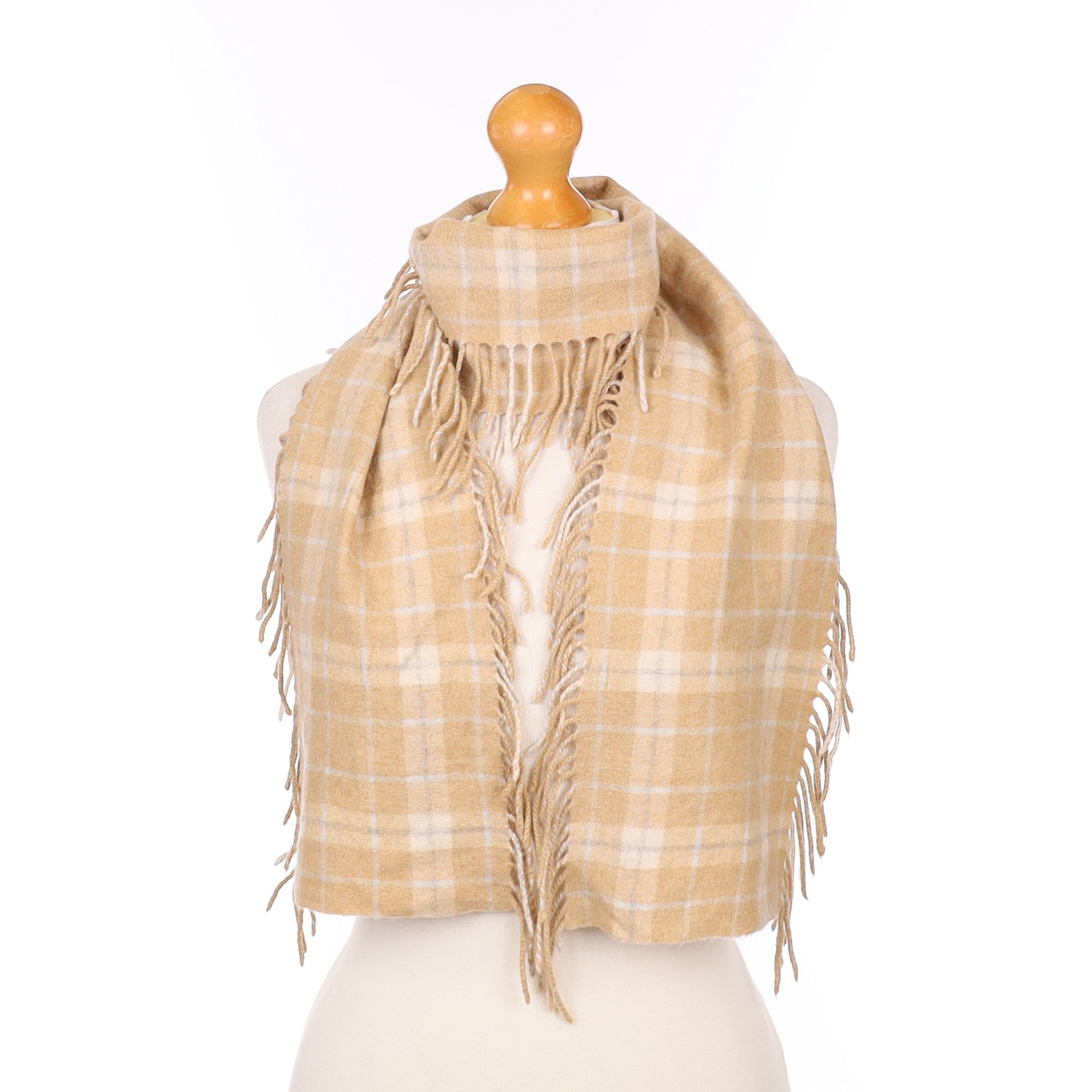 Beige Checked Cashmere Tassel Edged Woven Scarf
