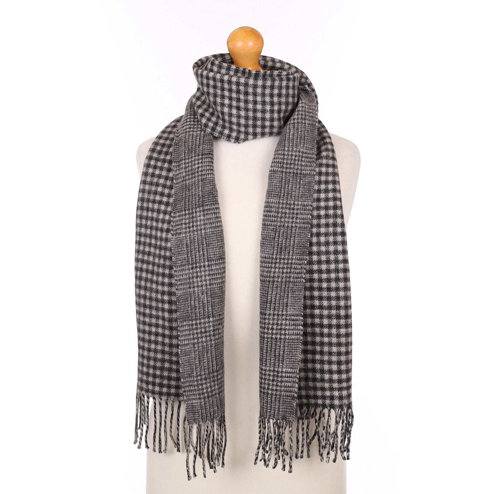 Black and Grey Checked Cashmere Tassel Edged Woven Scarf