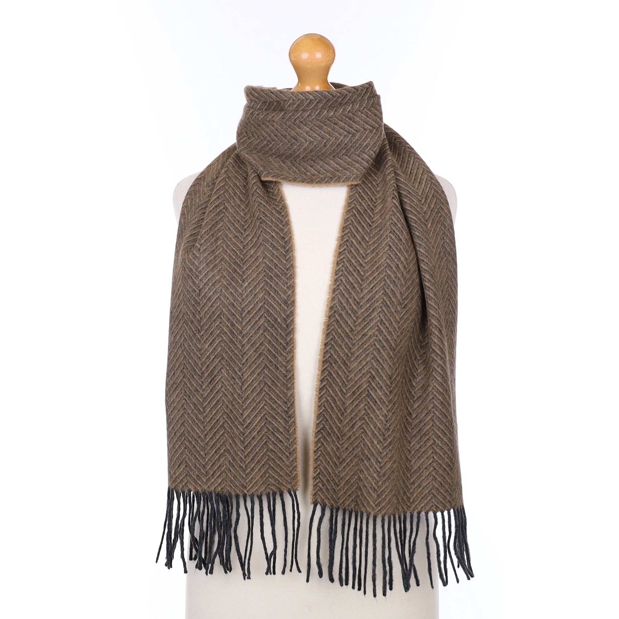 Camel and Grey Herringbone Cashmere Tassel Edged Woven Scarf