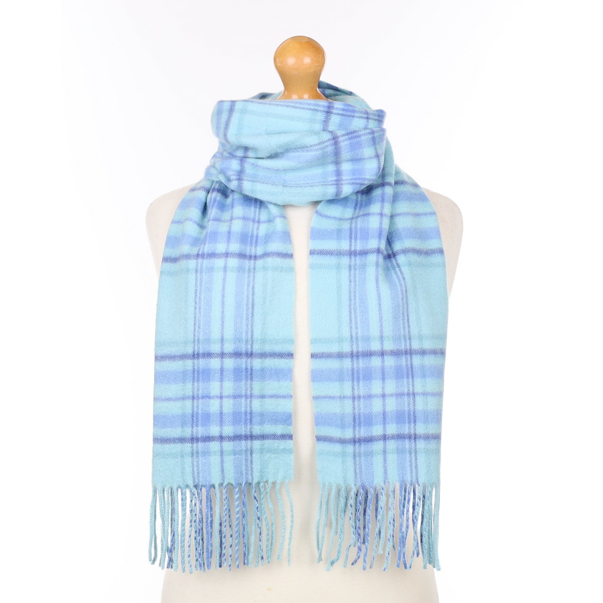 Mint and Blue Plaid Cashmere Woven Scarf
