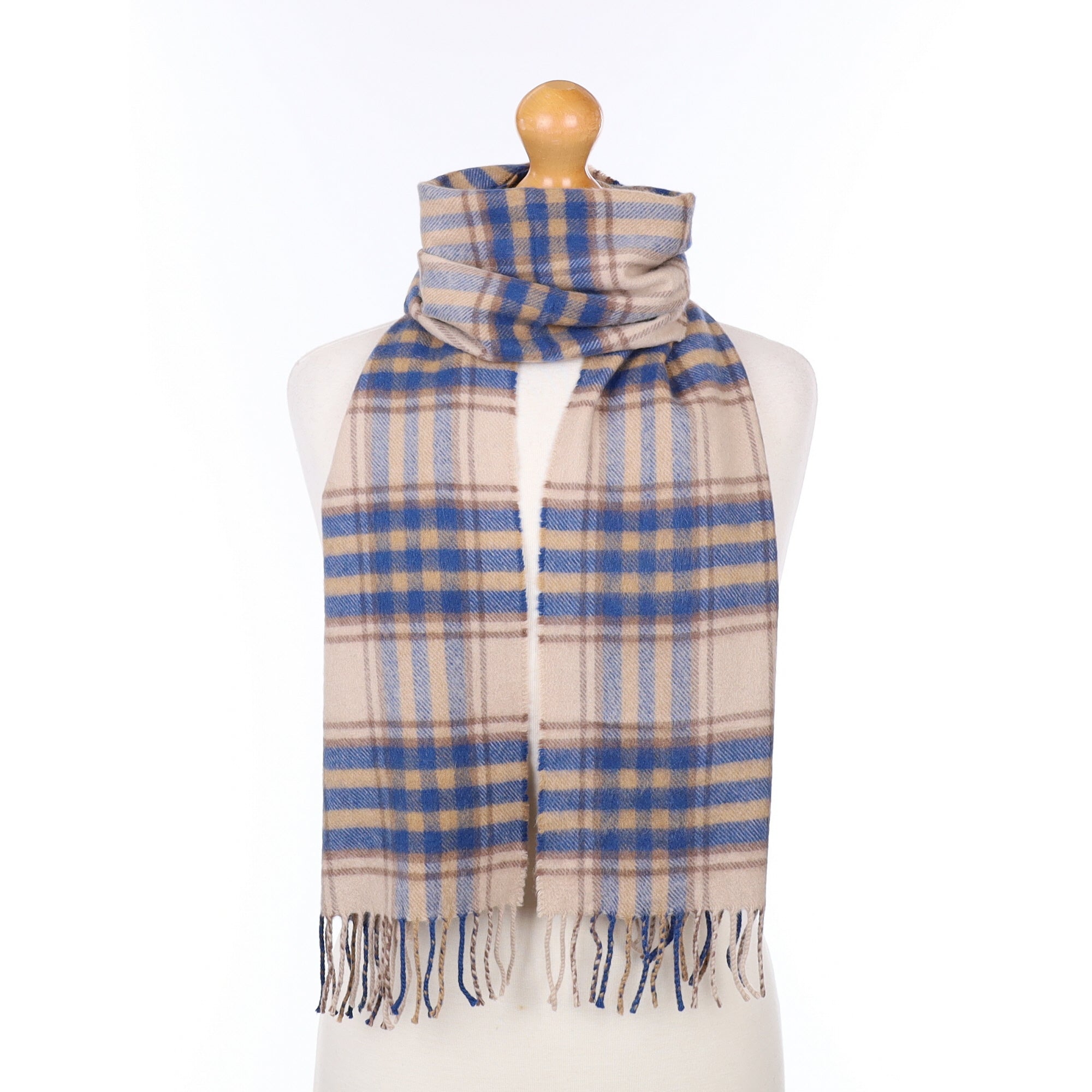 Beige and Blue Plaid Cashmere Woven Scarf