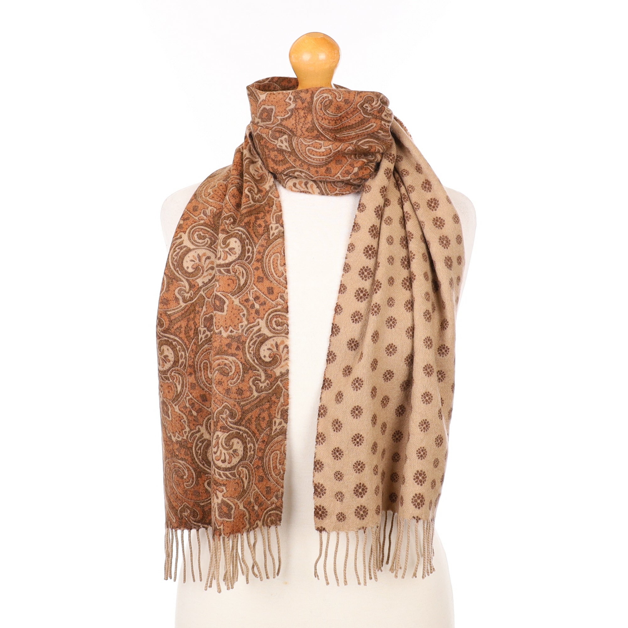 Brown Paisley and Polka Dot Patterned Cashmere Woven Scarf