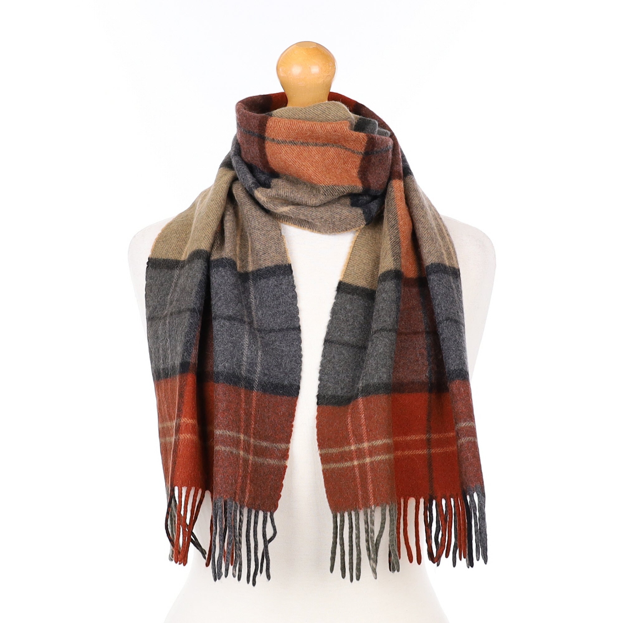 Orange Grey and Brown Plaid Cashmere Woven Scarf
