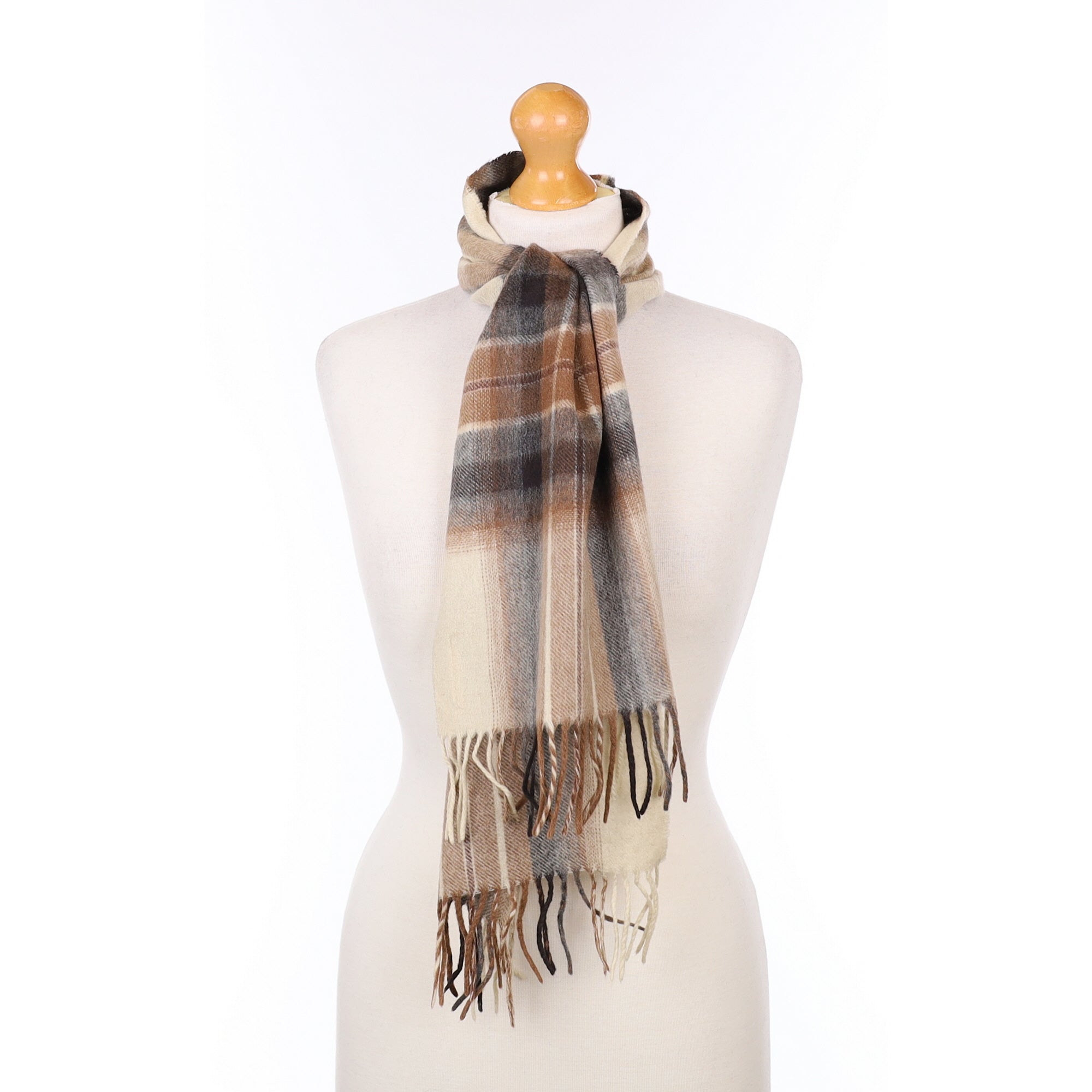Cream Brown and Grey Cashmere Woven Scarf